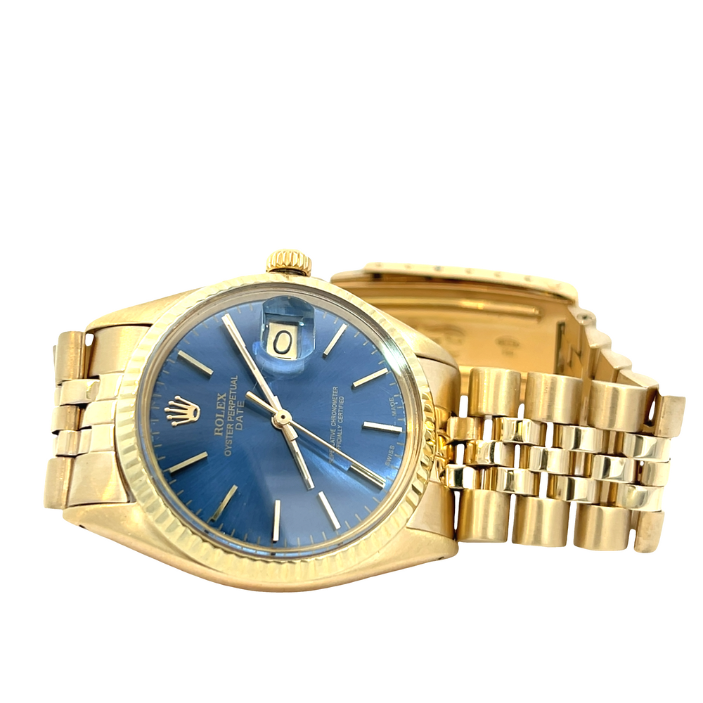 Pre-Owned Rolex Oyster Perpetual Date 34mm Yellow Gold Blue Dial