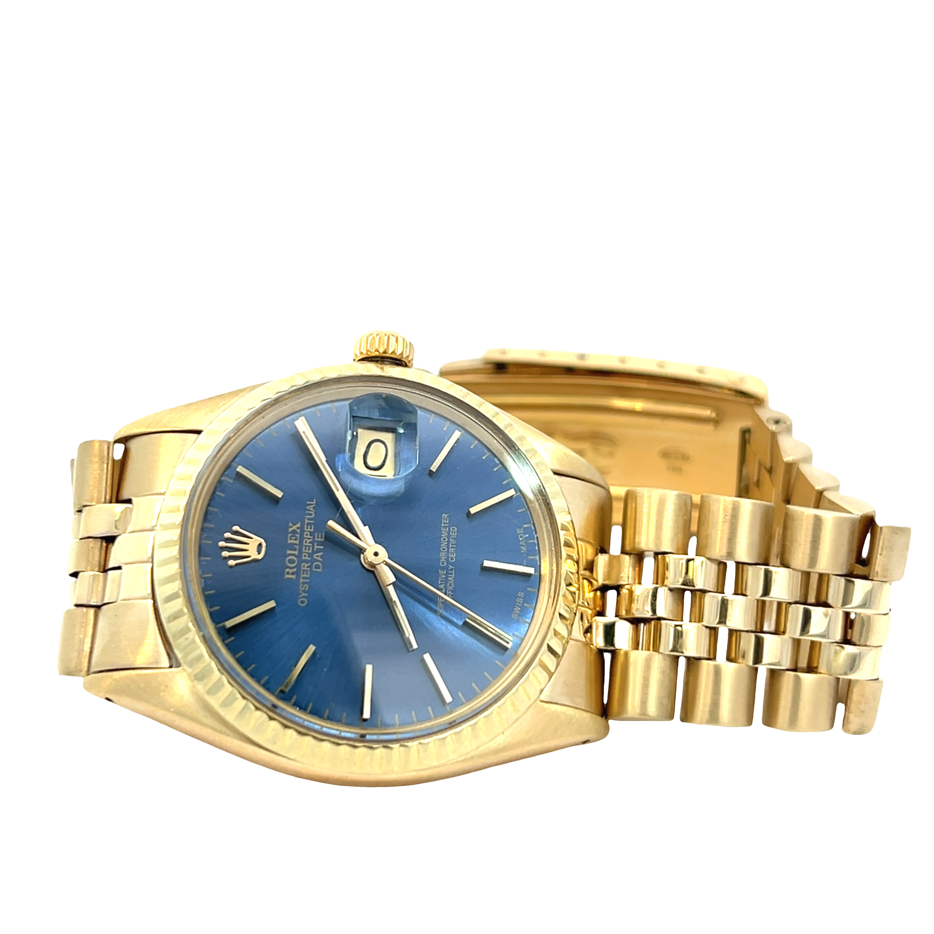 Pre-Owned Rolex Oyster Perpetual Date 34mm Yellow Gold Blue Dial