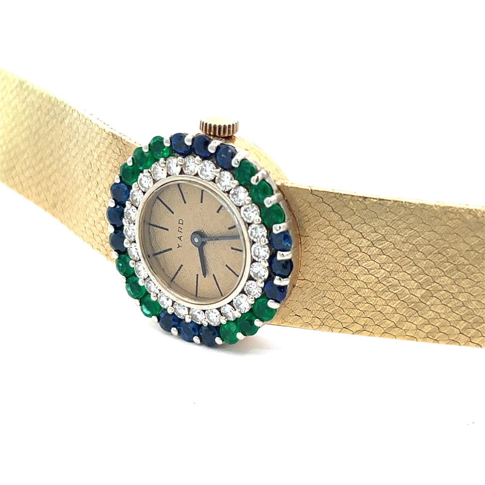 Estate Raymond Yard 14K Yellow Gold Diamond, Emerald & Sapphire Vintage Watch