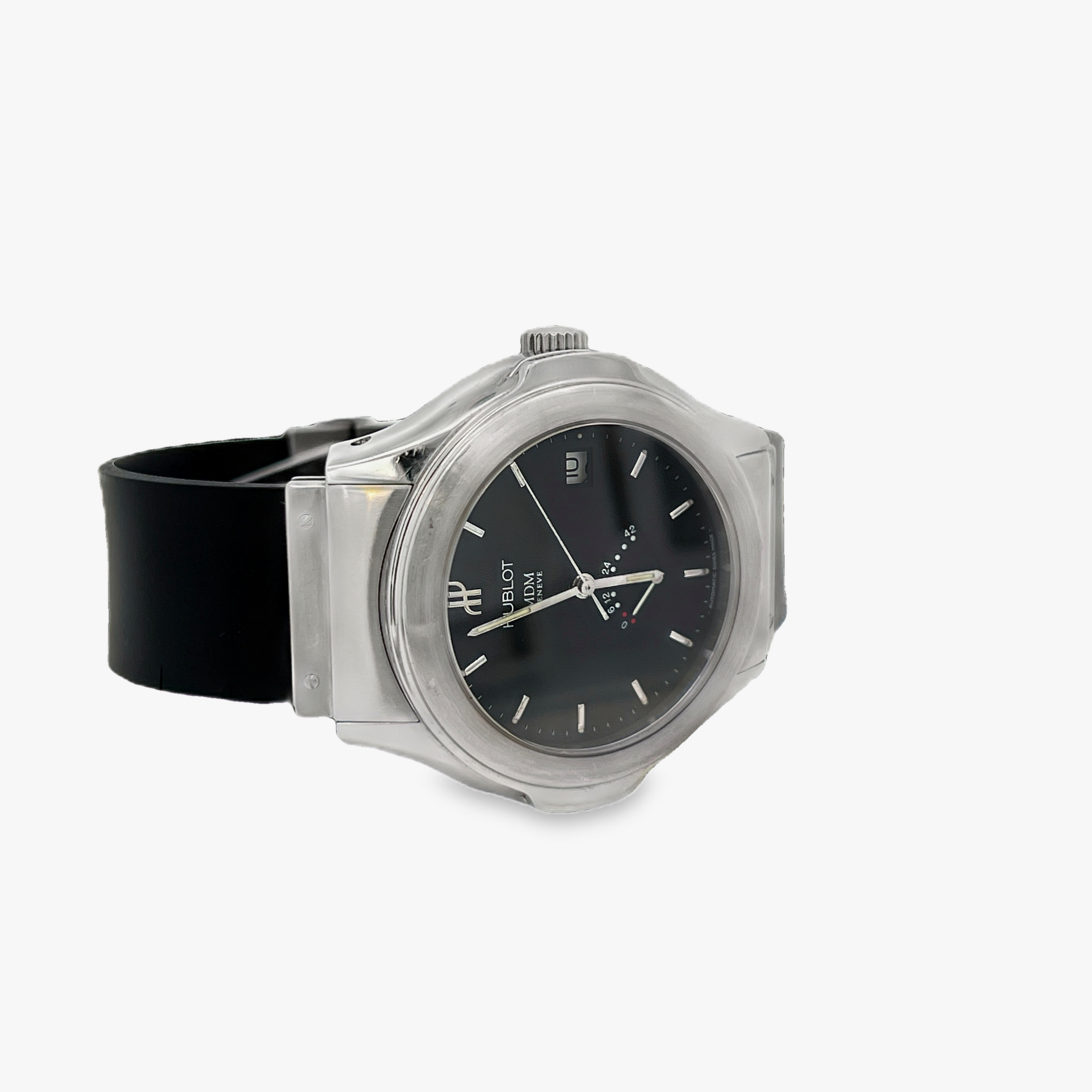 Pre-Owned Hublot MDM Genève Classic Black Dial Date Rubber Strap Watch (Box Included)