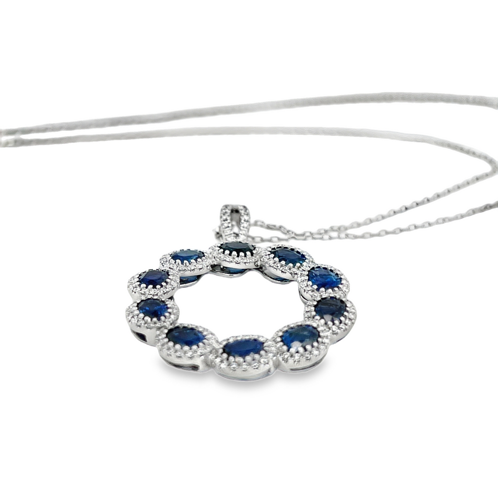 18K White Gold Blue Sapphire & Diamond Circle Pendant Necklace 5.48 Carat Total
