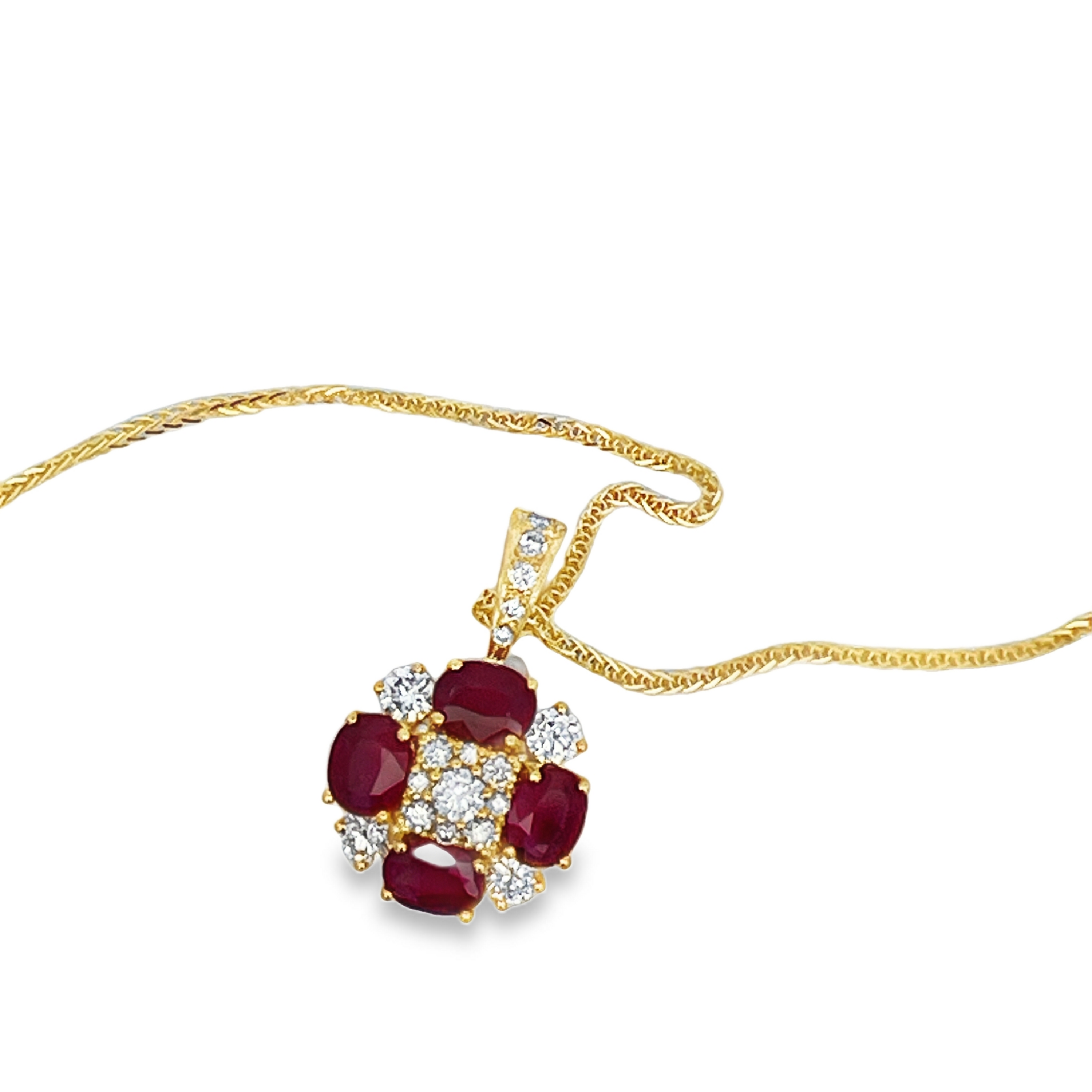 Estate 14K Yellow Gold Ruby & Diamond Flower Pendant Necklace