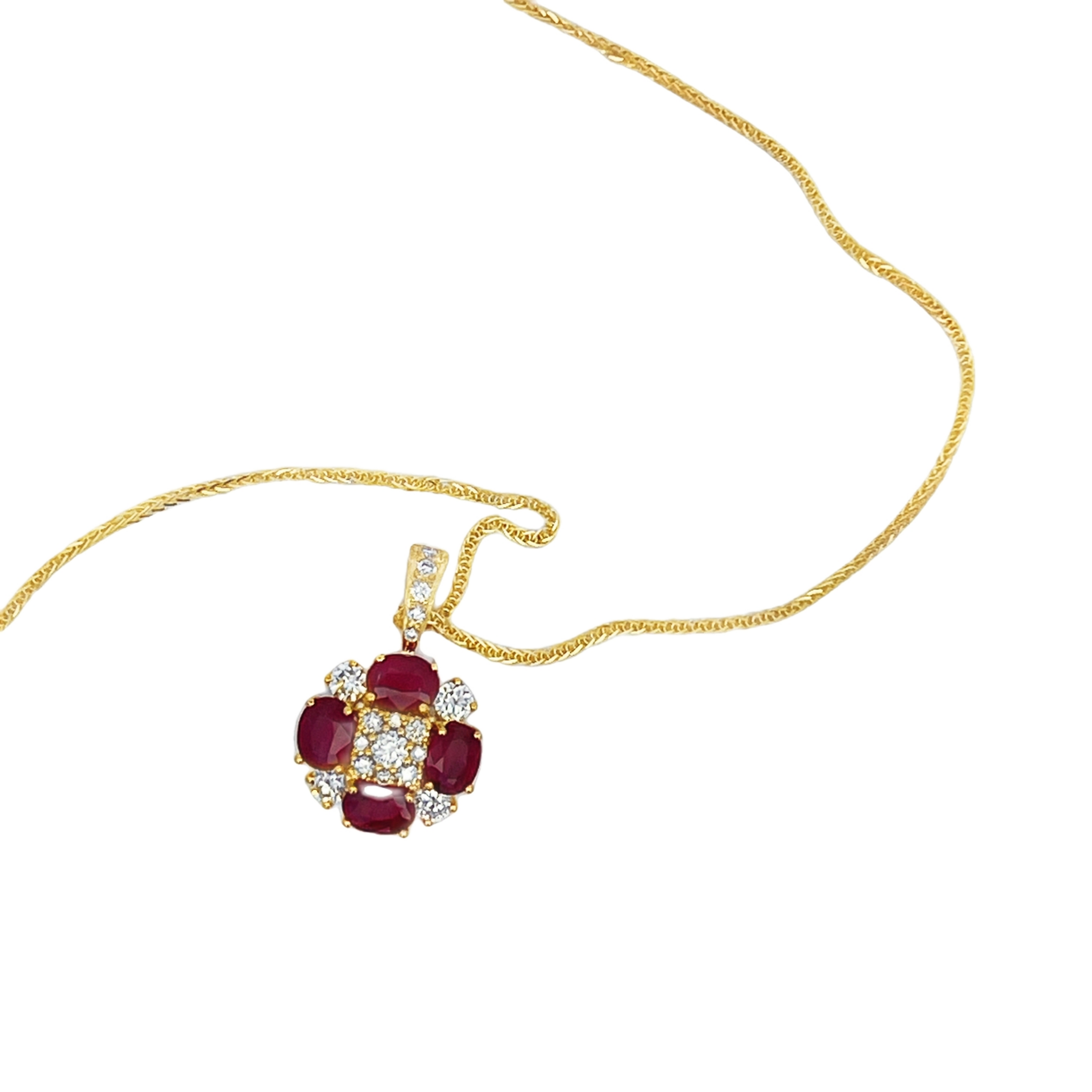 Estate 14K Yellow Gold Ruby & Diamond Flower Pendant Necklace