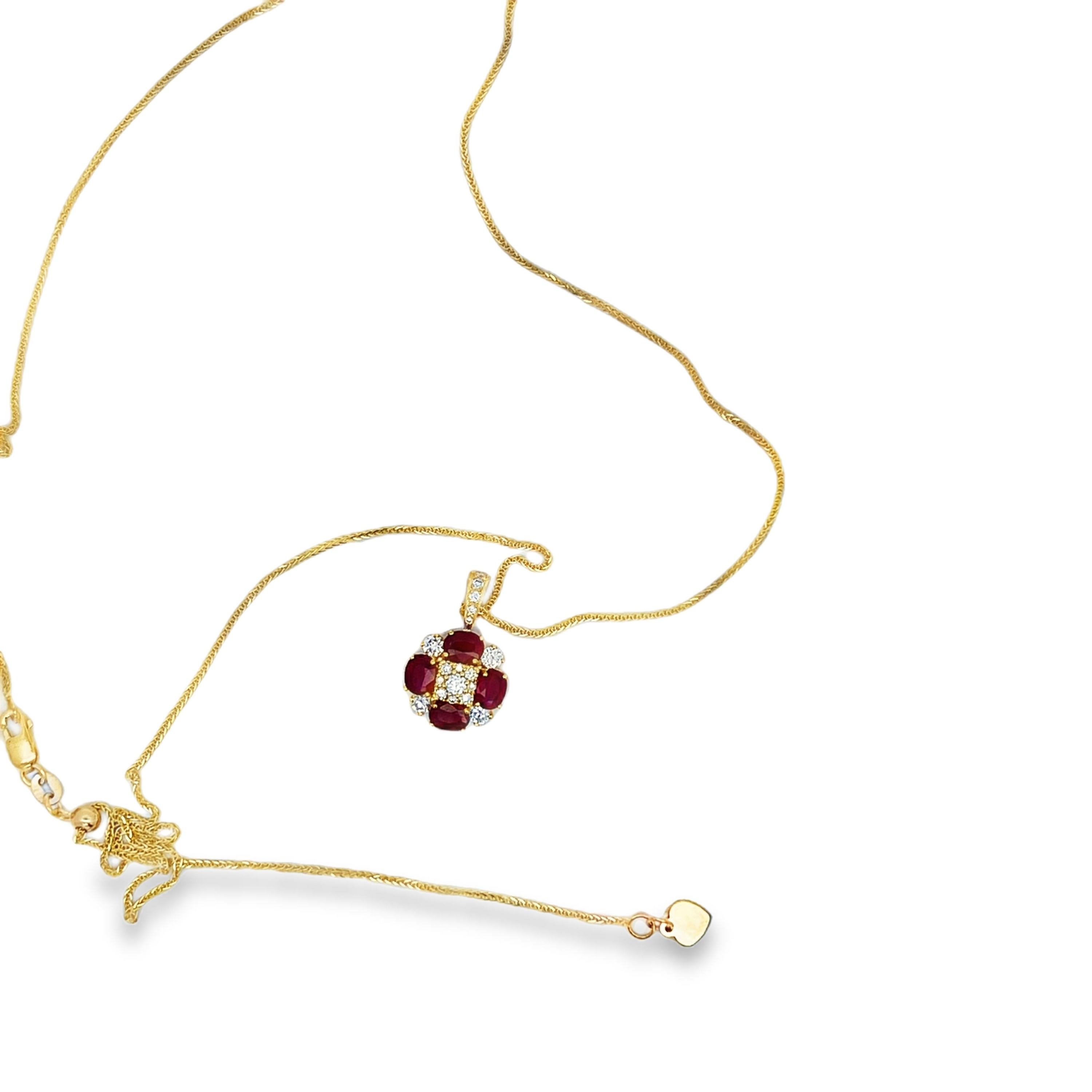Estate 14K Yellow Gold Ruby & Diamond Flower Pendant Necklace