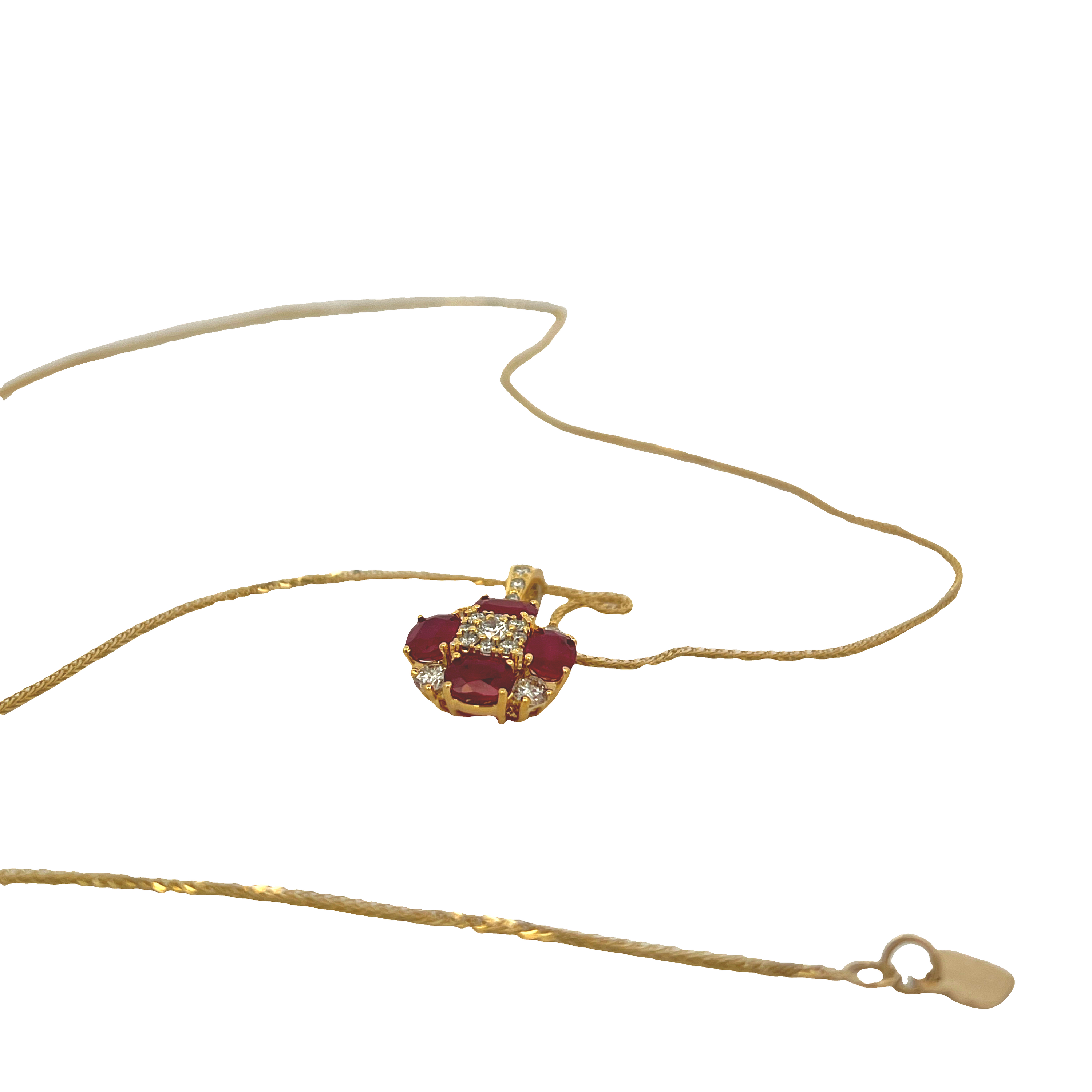 Estate 14K Yellow Gold Ruby & Diamond Flower Pendant Necklace
