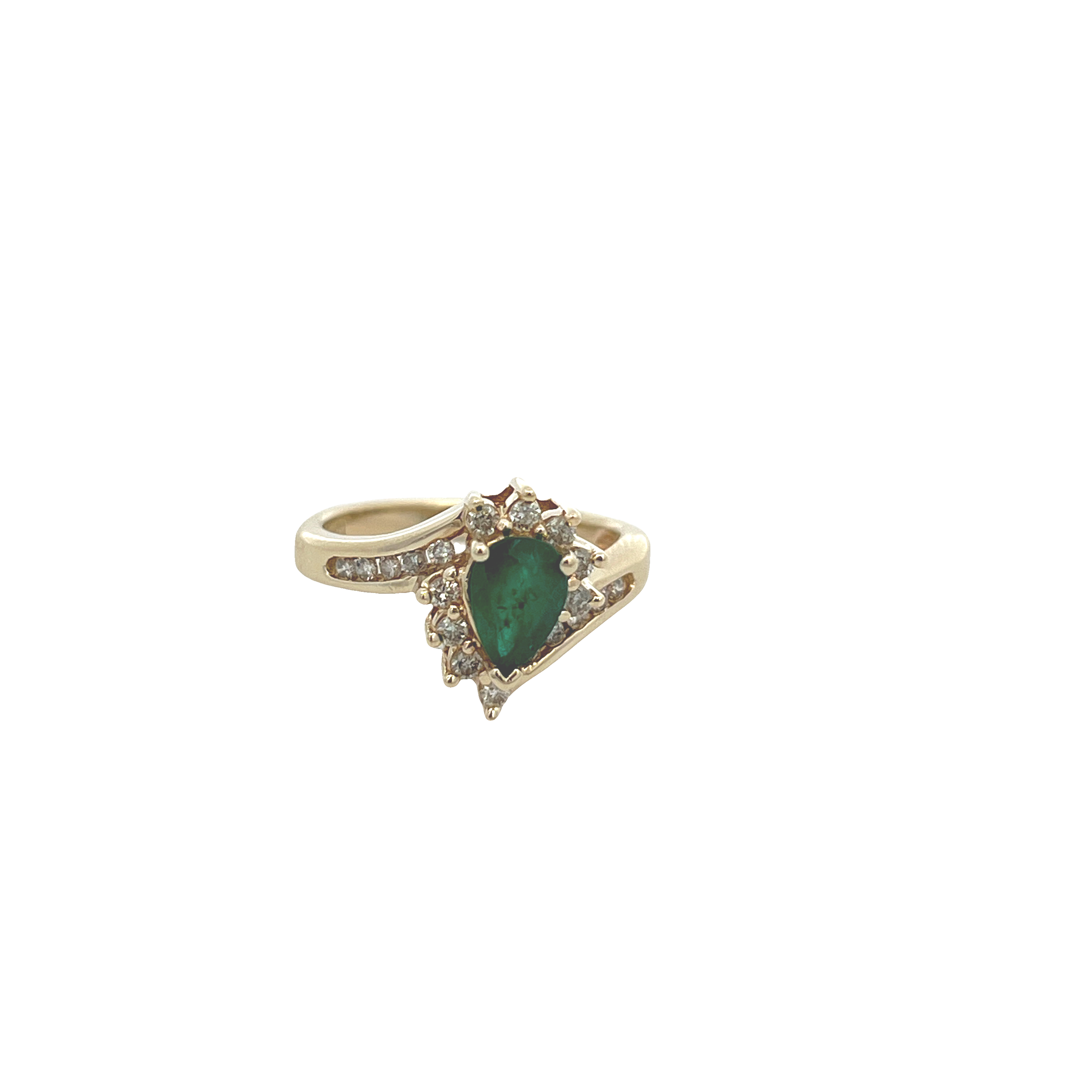 Estate Pear-Cut Emerald & Diamond Halo Bypass Ring in 14K Yellow Gold