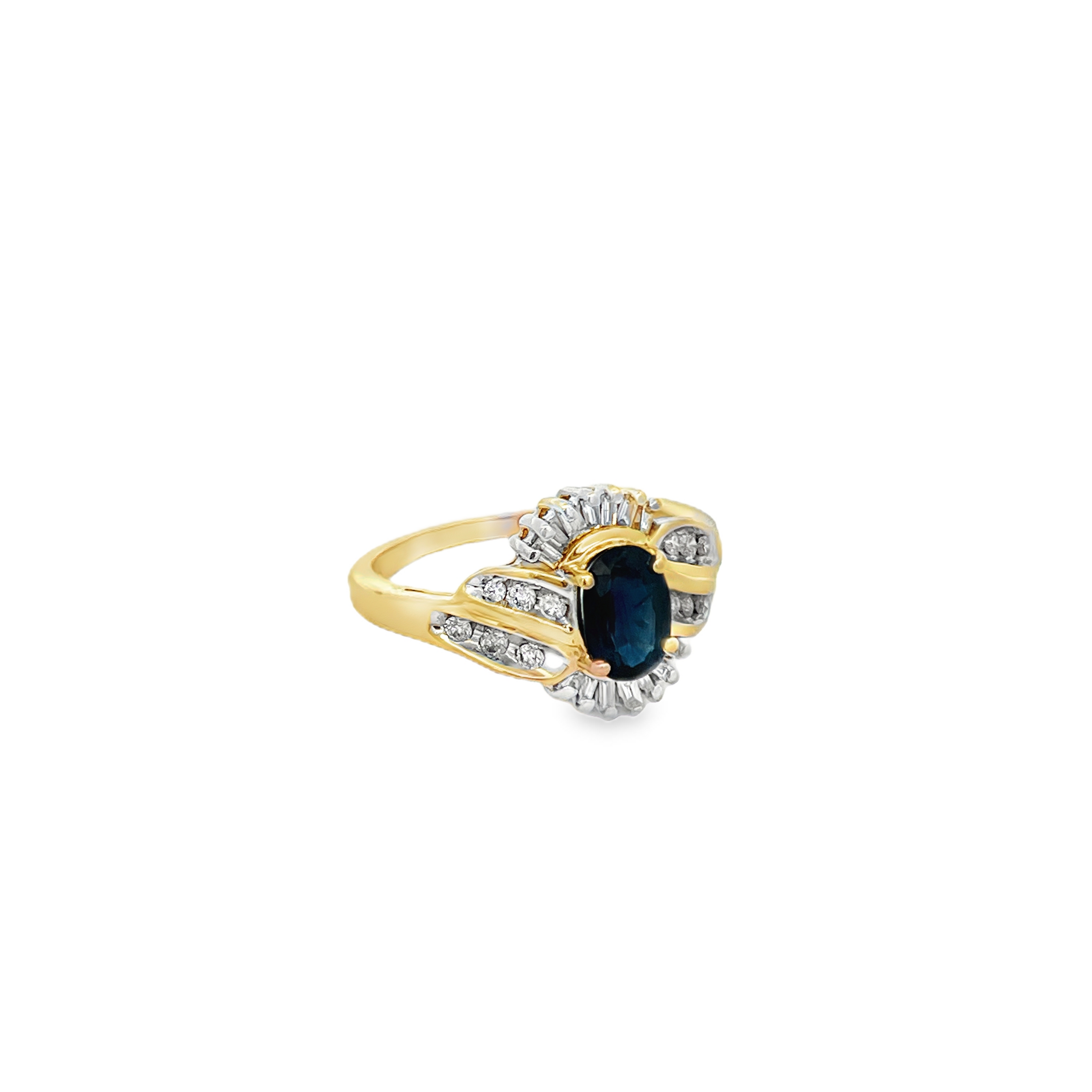 Estate 14K Yellow & White Gold Oval Blue Sapphire Ring with Diamond Accents