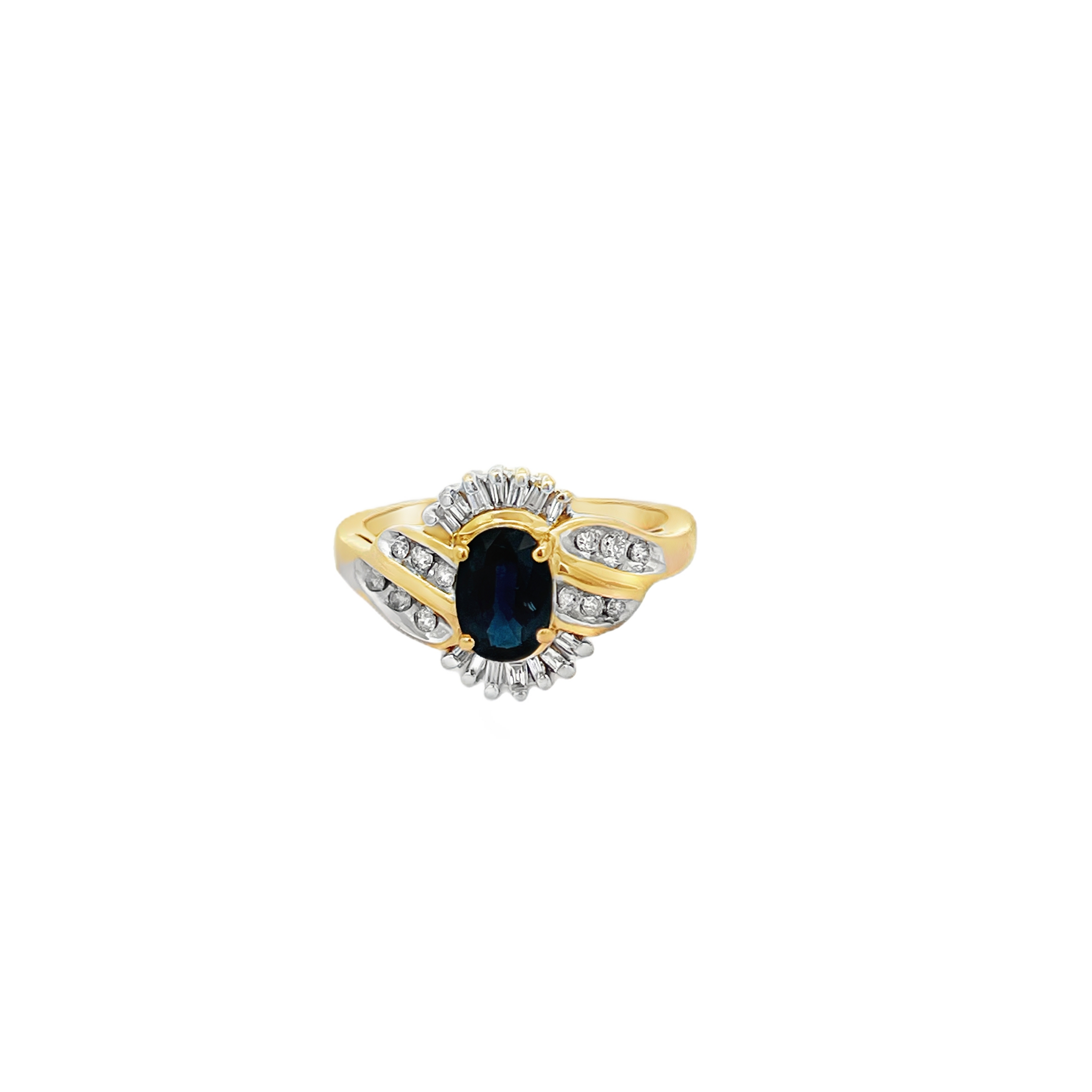 Estate 14K Yellow & White Gold Oval Blue Sapphire Ring with Diamond Accents