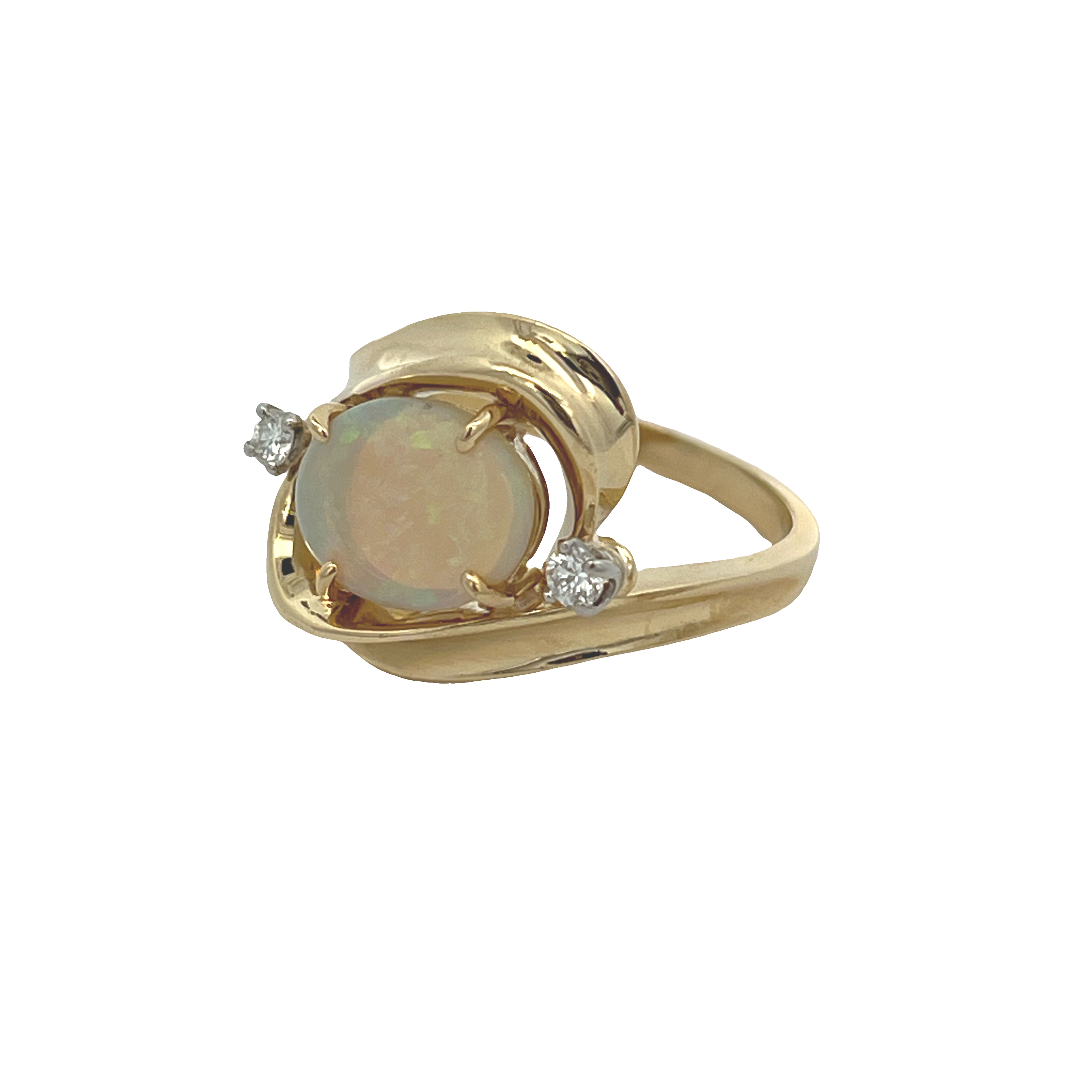 Estate 18K Yellow Gold Oval Opal Bypass Ring with Diamond Accents