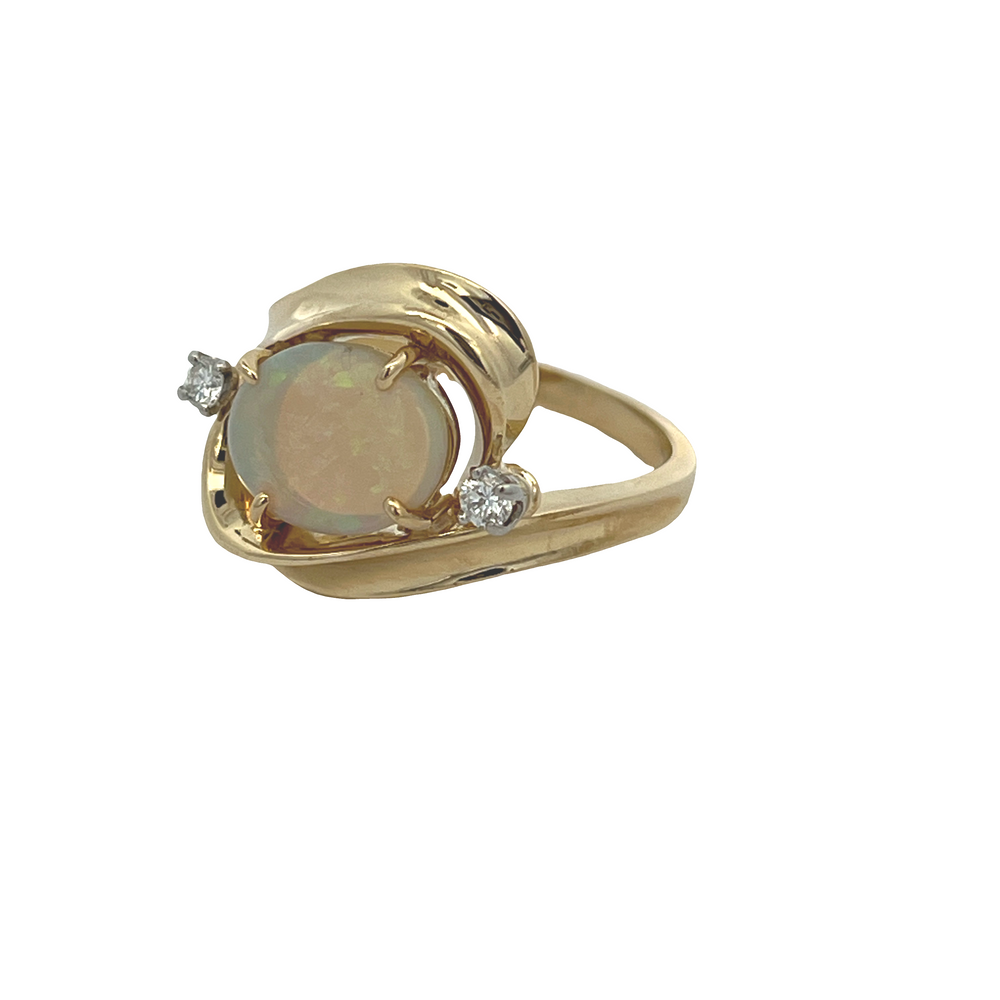 Estate 18K Yellow Gold Oval Opal Bypass Ring with Diamond Accents at Golden Anvil Jewelers, Jupiter FL - view 2