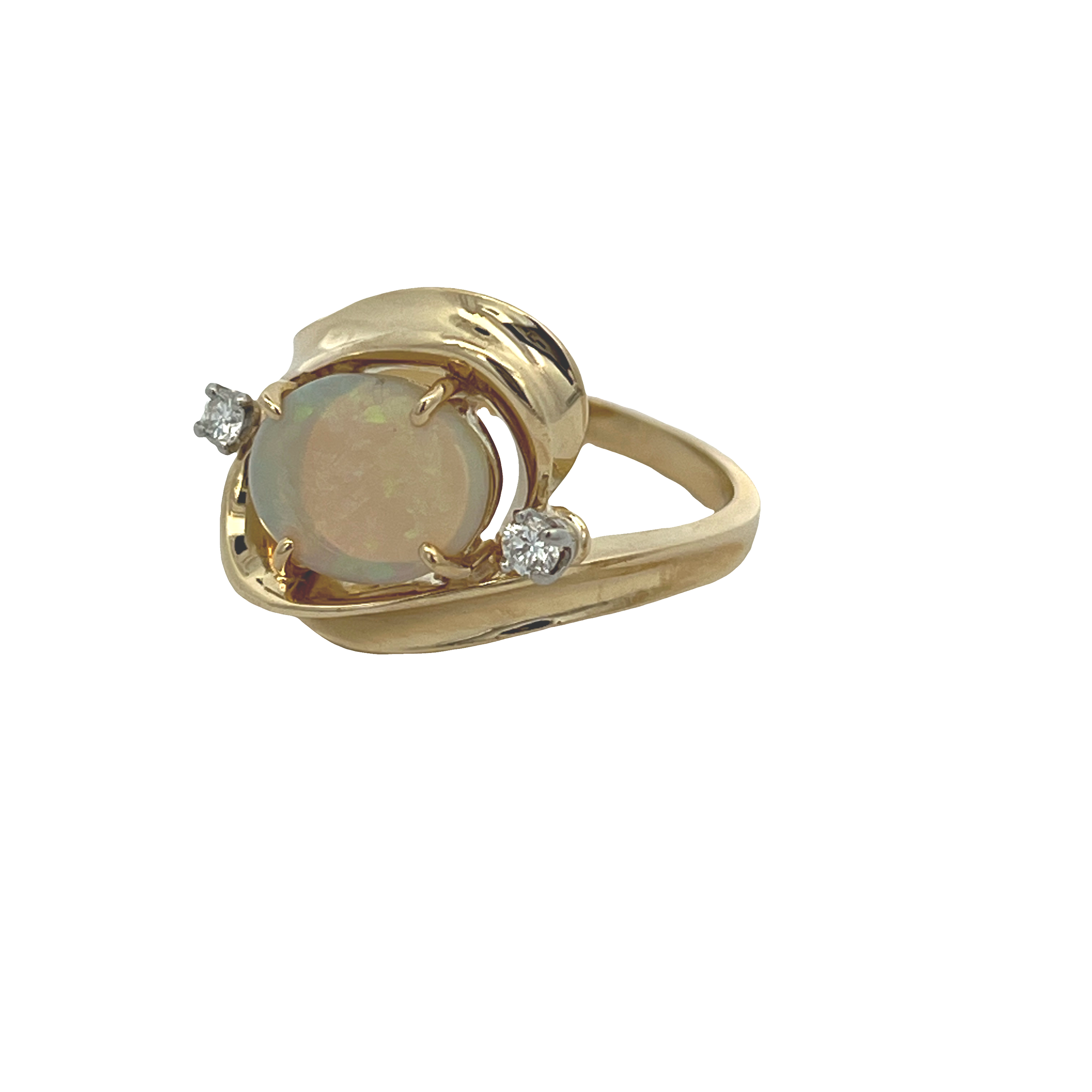 Estate 18K Yellow Gold Oval Opal Bypass Ring with Diamond Accents