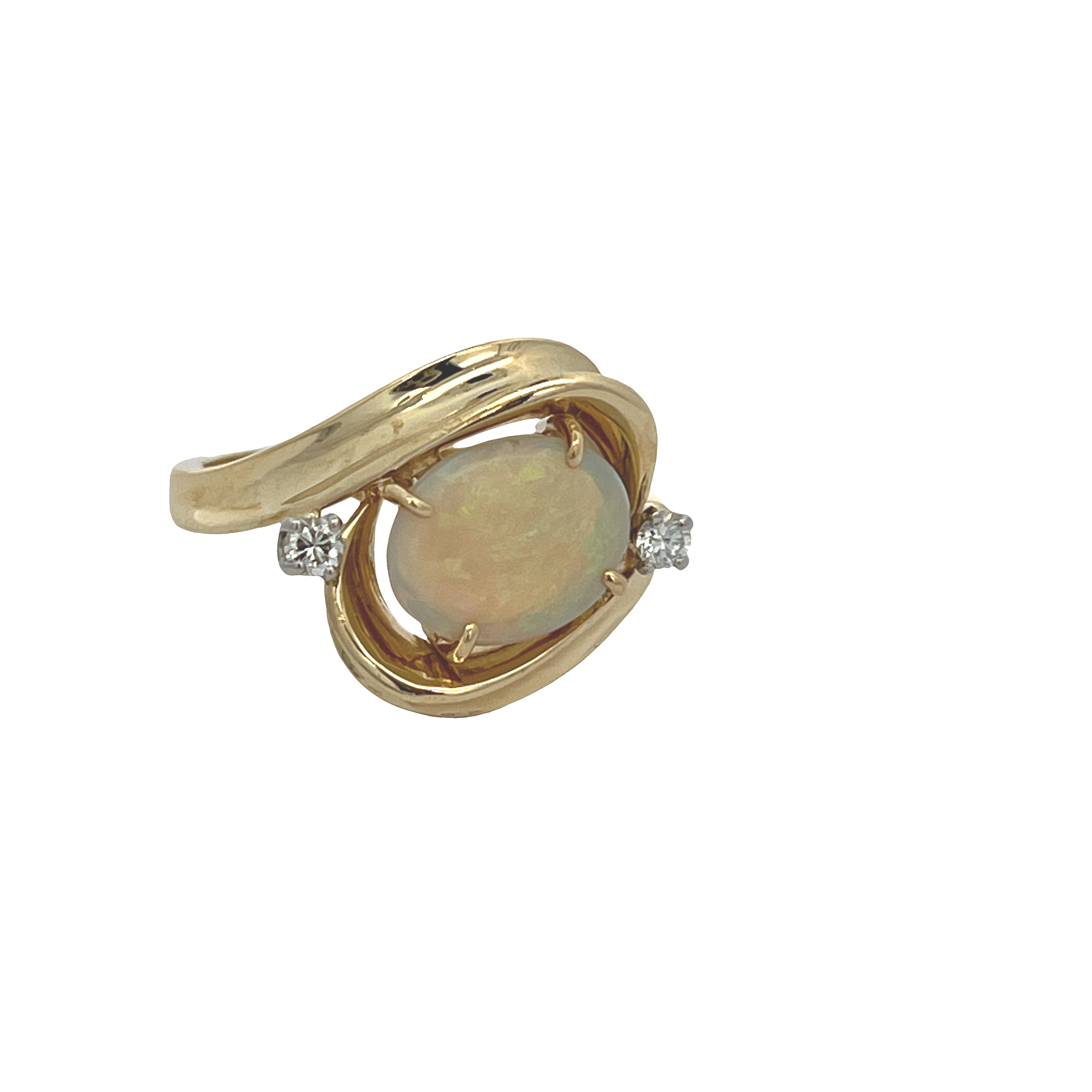 Estate 18K Yellow Gold Oval Opal Bypass Ring with Diamond Accents