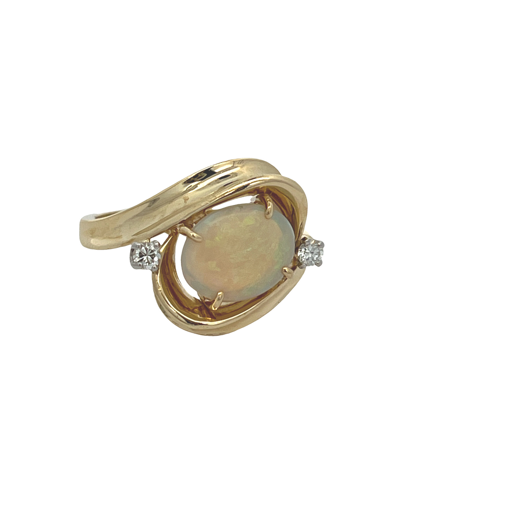Estate 18K Yellow Gold Oval Opal Bypass Ring with Diamond Accents