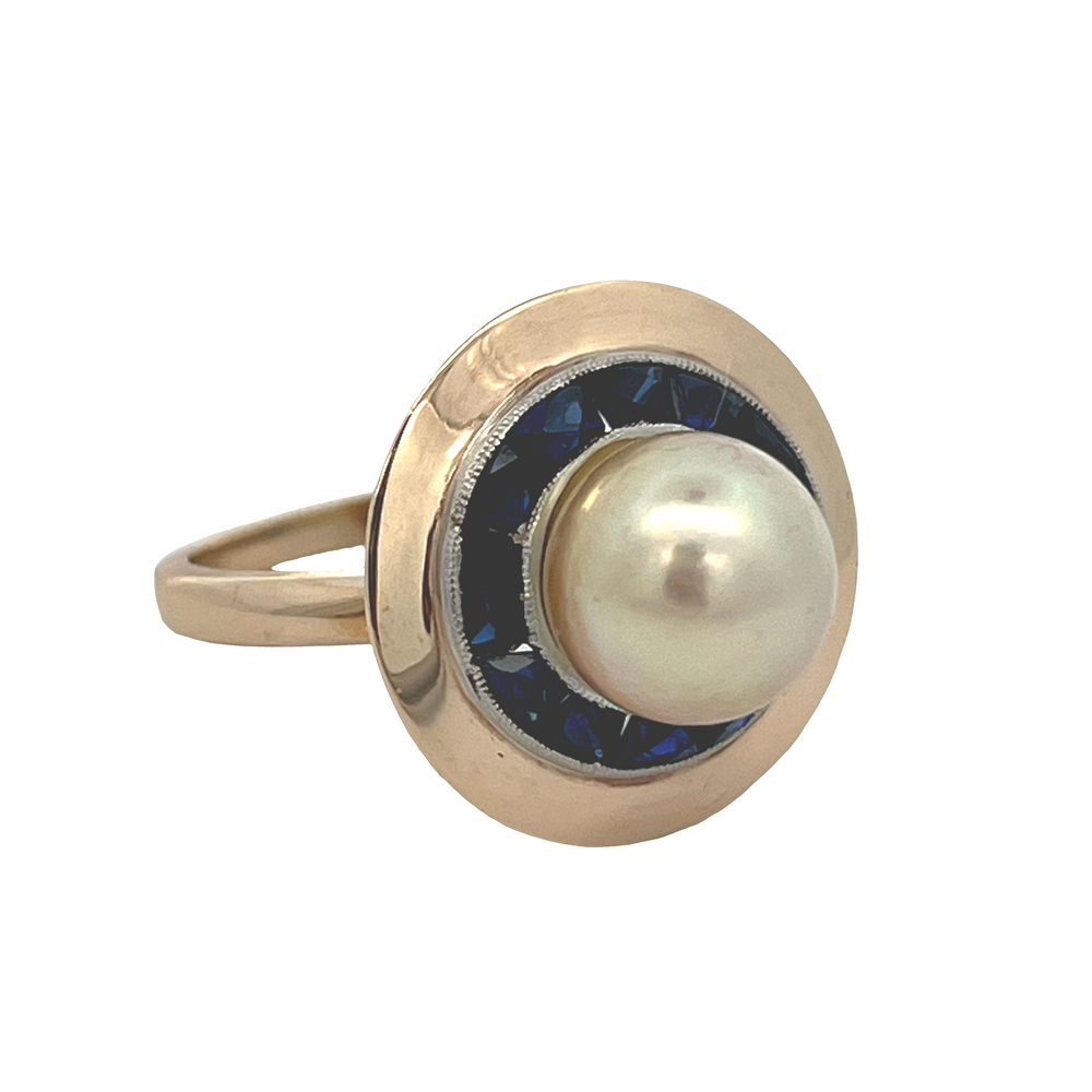 Estate 14K Yellow Gold Pearl Ring with Blue Sapphire Halo