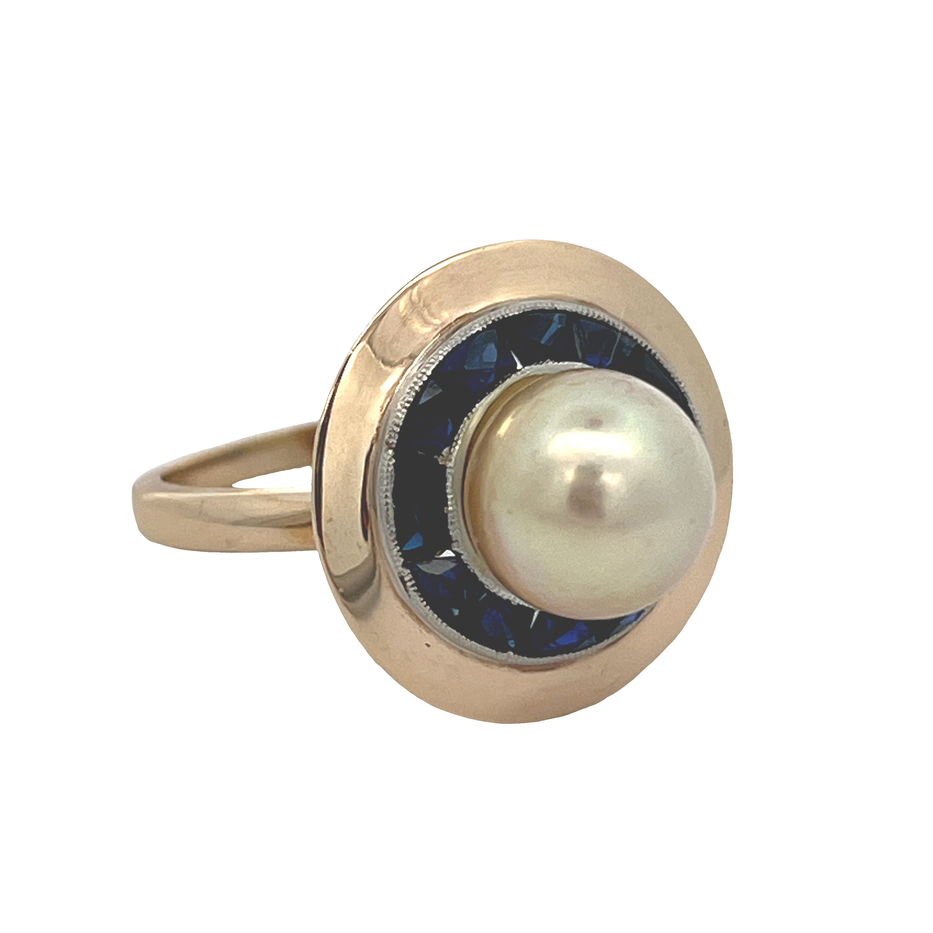 Estate 14K Yellow Gold Pearl Ring with Blue Sapphire Halo