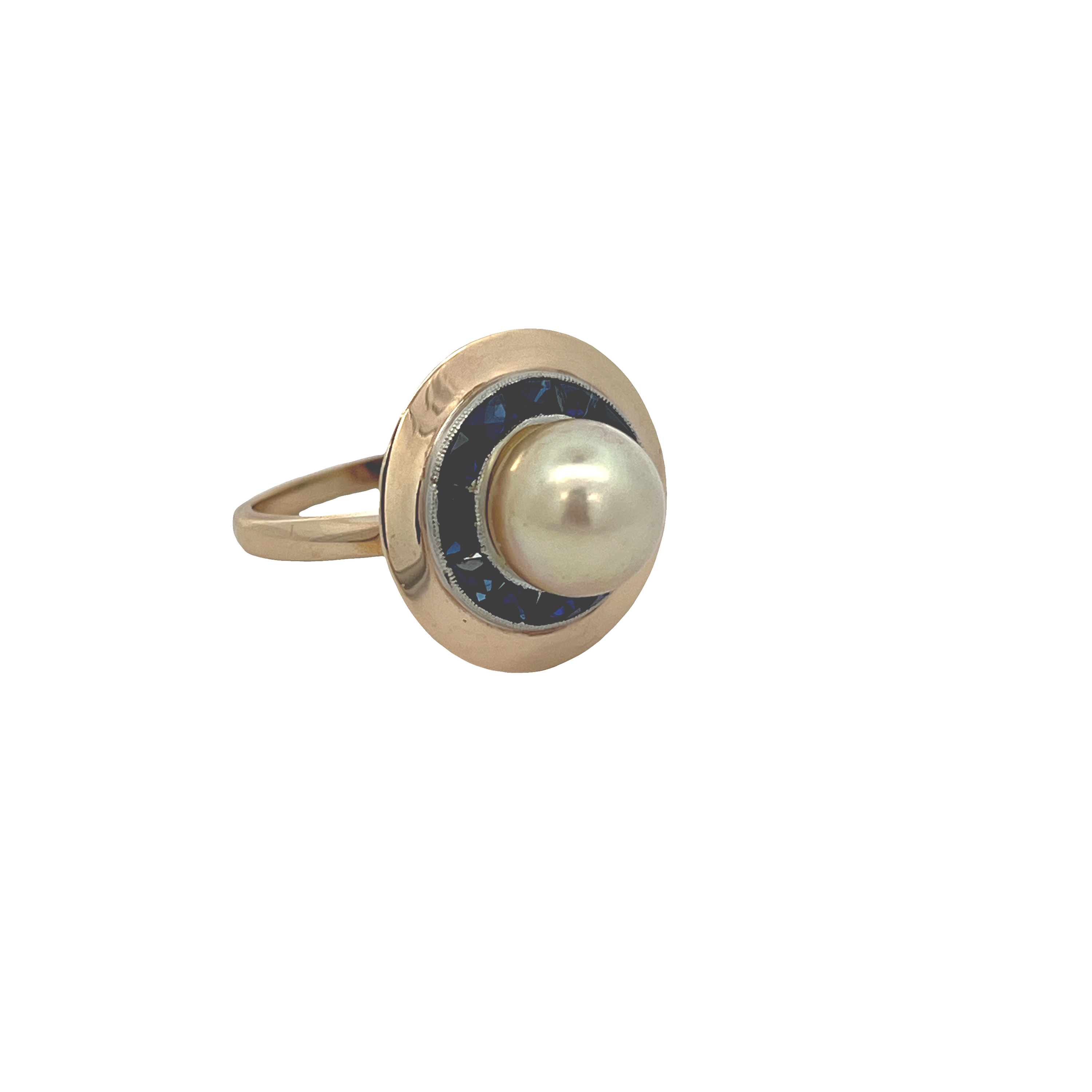 Estate 14K Yellow Gold Pearl Ring with Blue Sapphire Halo