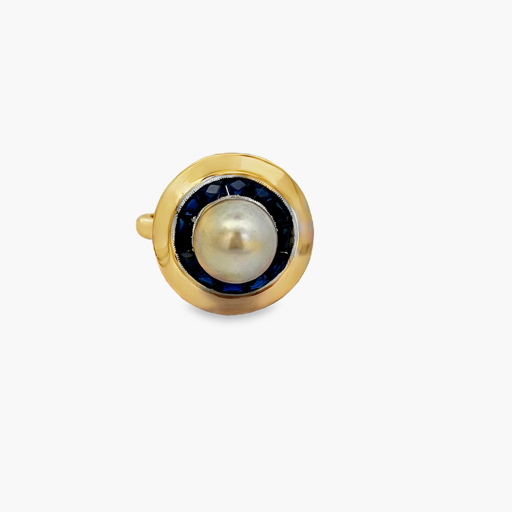 Estate 14K Yellow Gold Pearl Ring with Blue Sapphire Halo