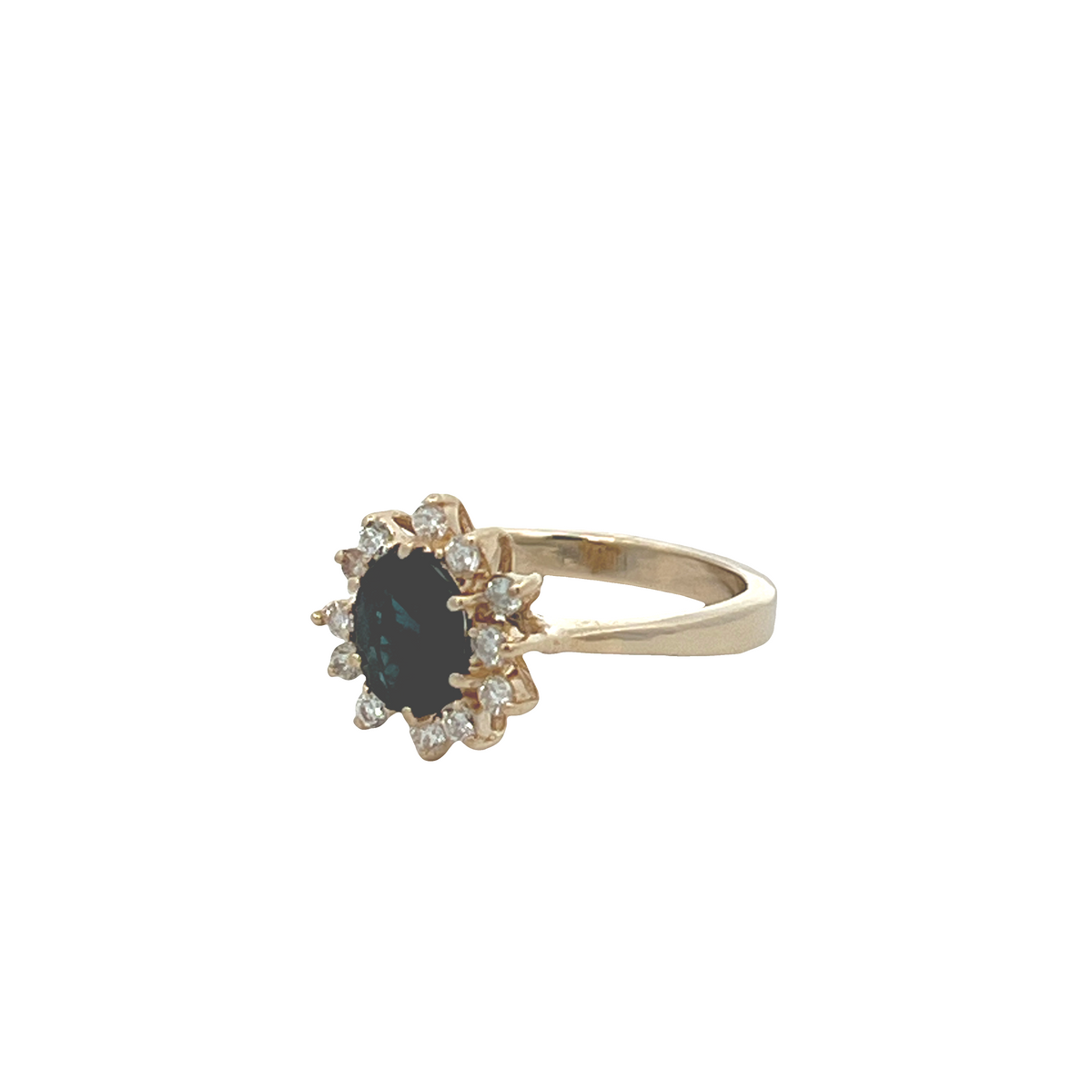 Estate 14K Yellow Gold Oval Blue Sapphire Ring with Starburst Diamond Halo