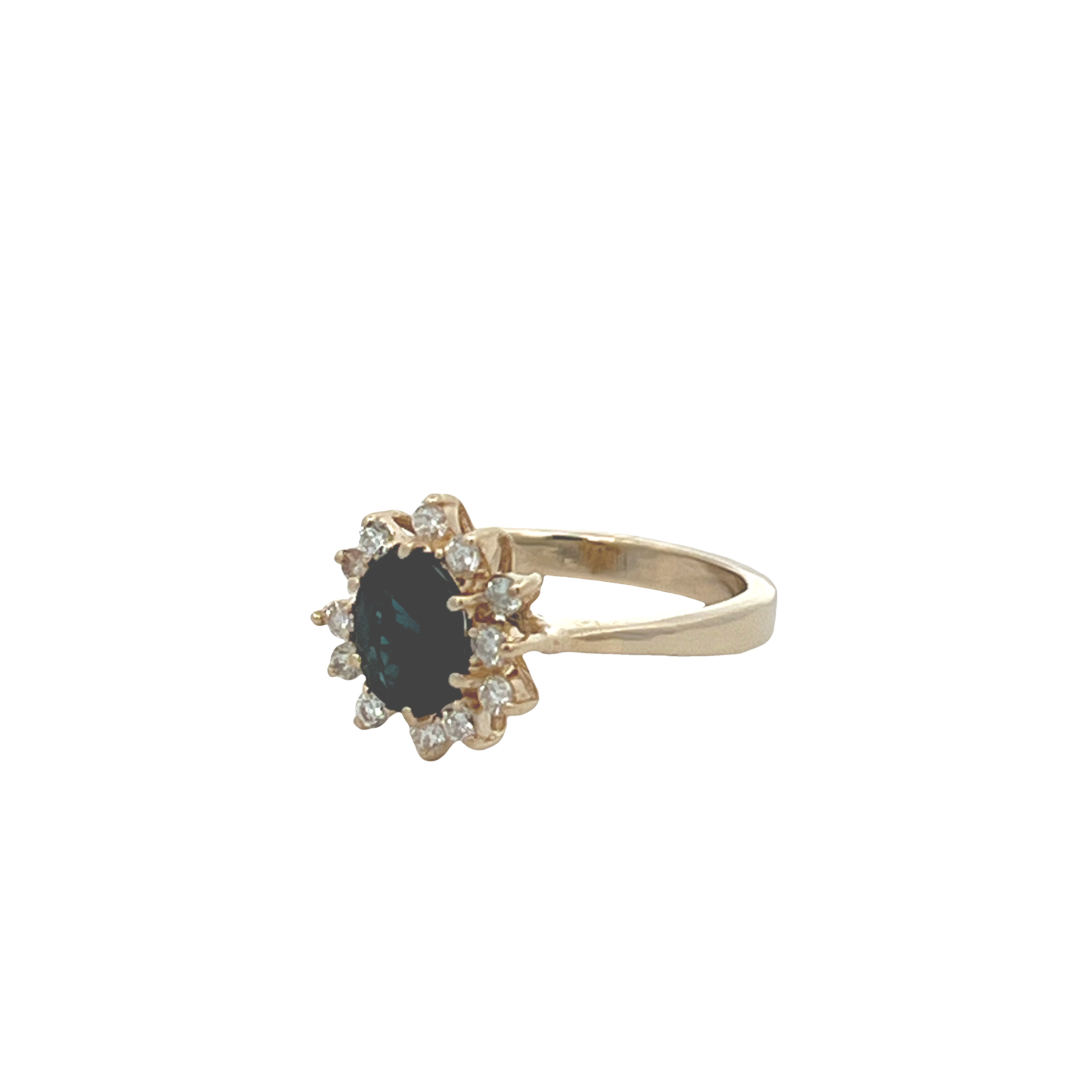 Estate 14K Yellow Gold Oval Blue Sapphire Ring with Starburst Diamond Halo