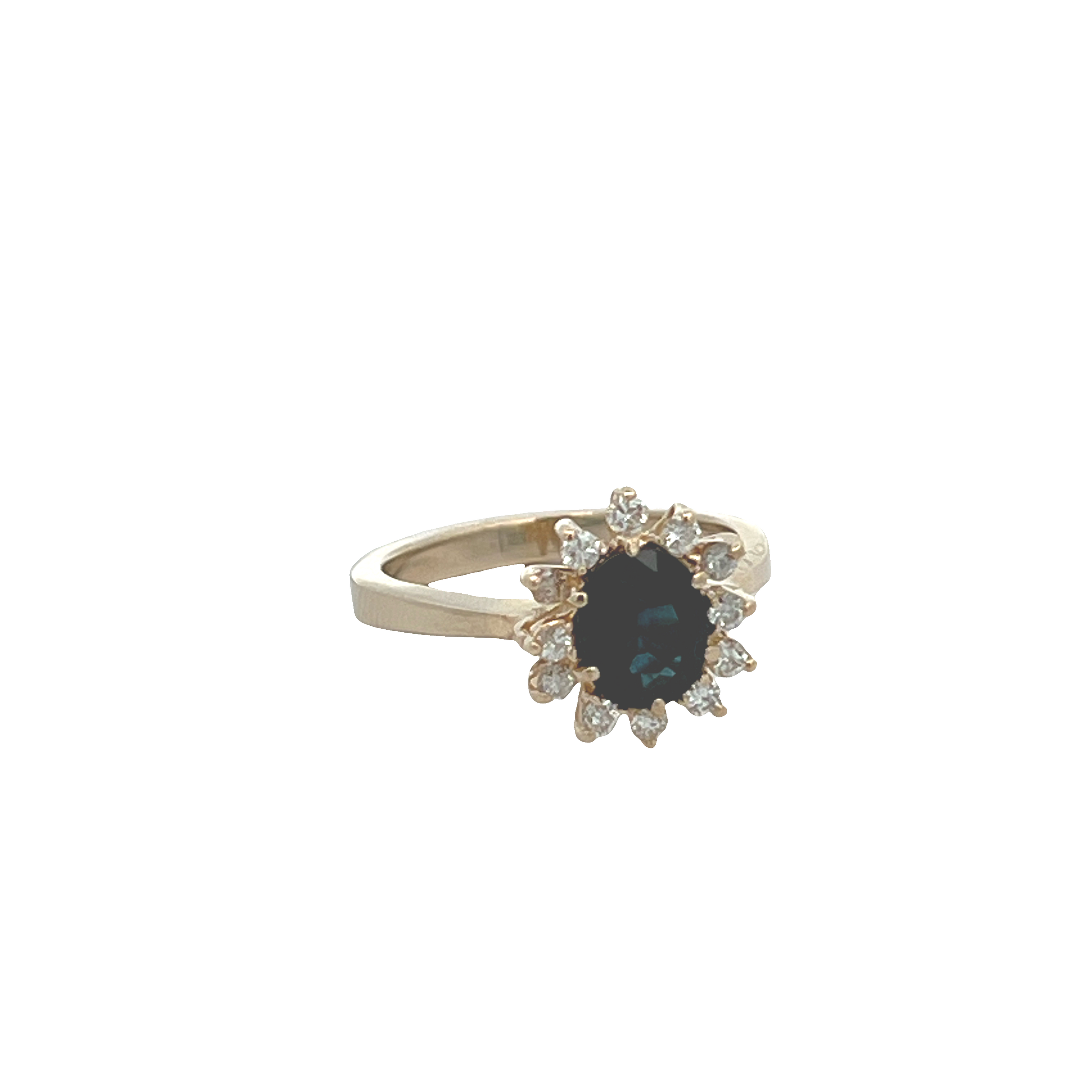 Estate 14K Yellow Gold Oval Blue Sapphire Ring with Starburst Diamond Halo