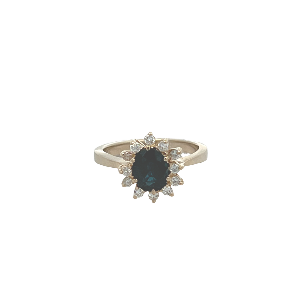 Estate 14K Yellow Gold Oval Blue Sapphire Ring with Starburst Diamond Halo