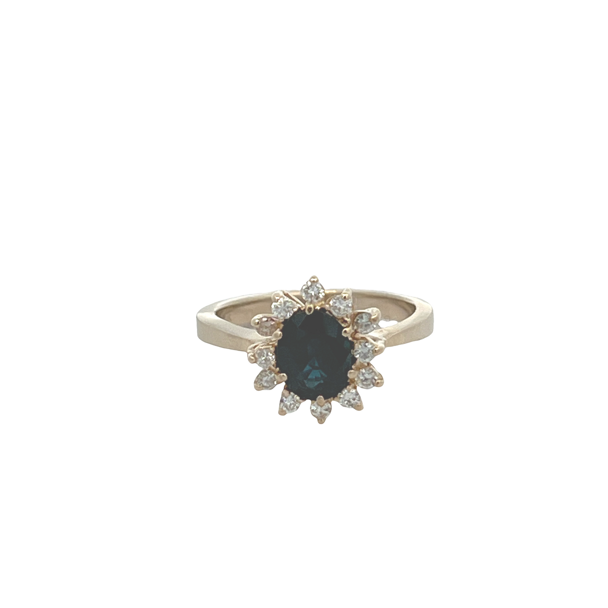 Estate 14K Yellow Gold Oval Blue Sapphire Ring with Starburst Diamond Halo