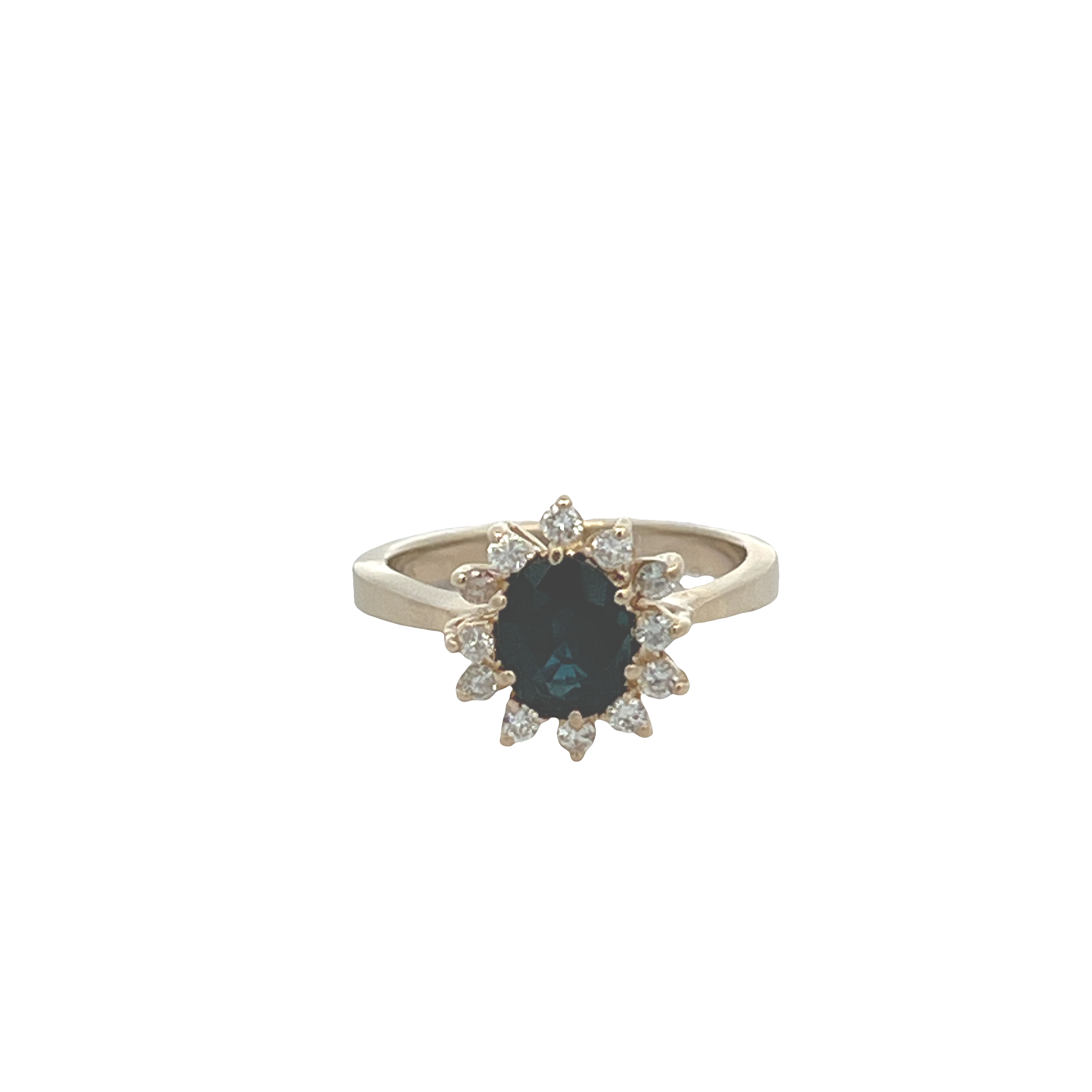 Estate 14K Yellow Gold Oval Blue Sapphire Ring with Starburst Diamond Halo