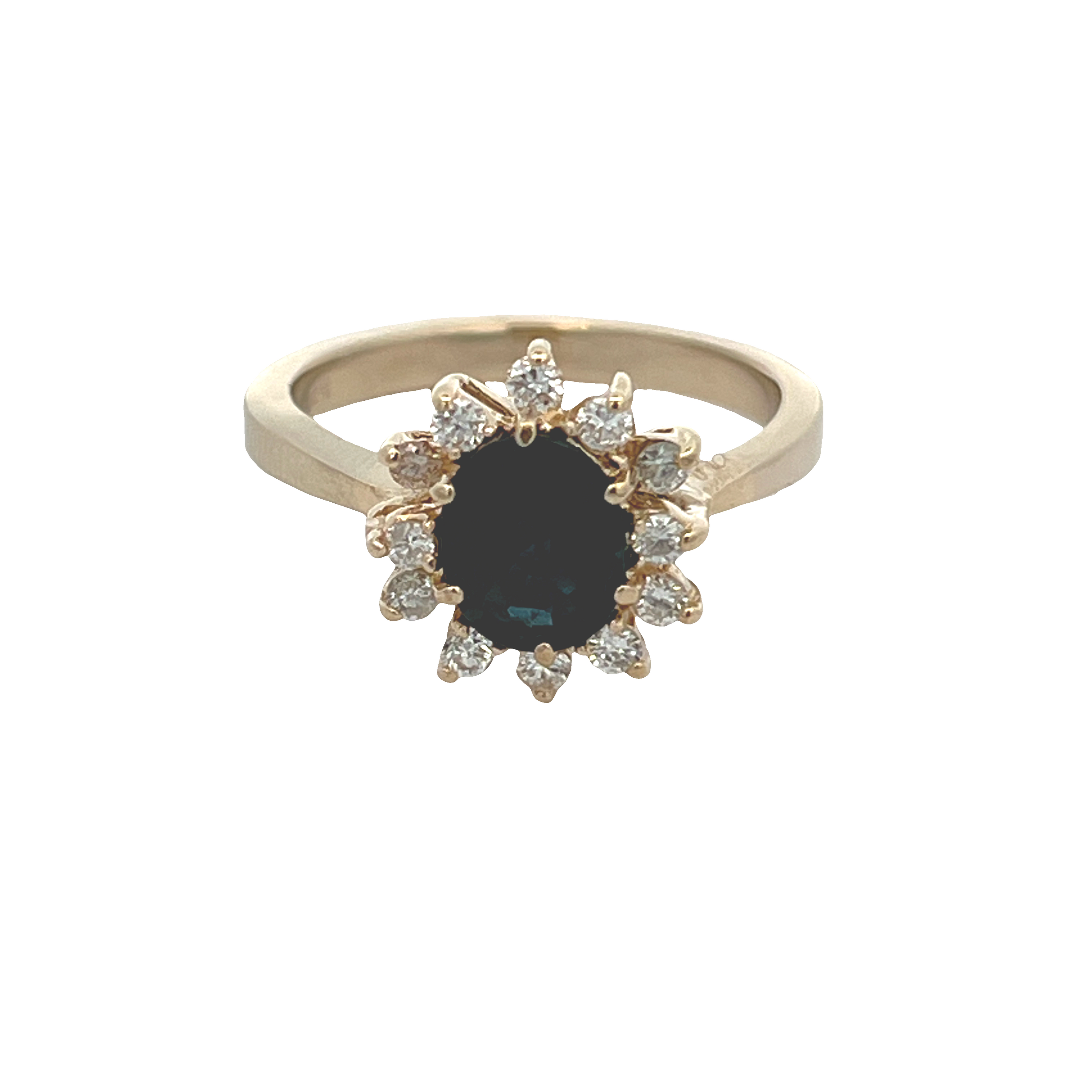 Estate 14K Yellow Gold Oval Blue Sapphire Ring with Starburst Diamond Halo