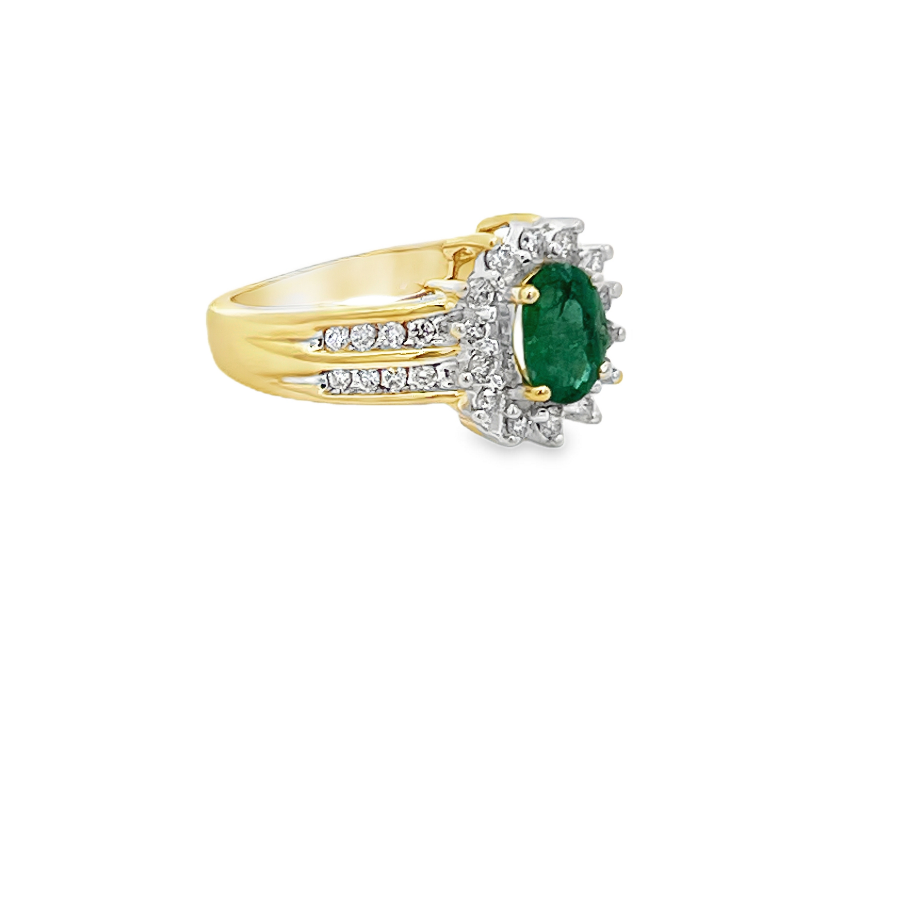 Estate 14K Yellow Gold Oval Emerald Ring with Diamond Halo & Accents
