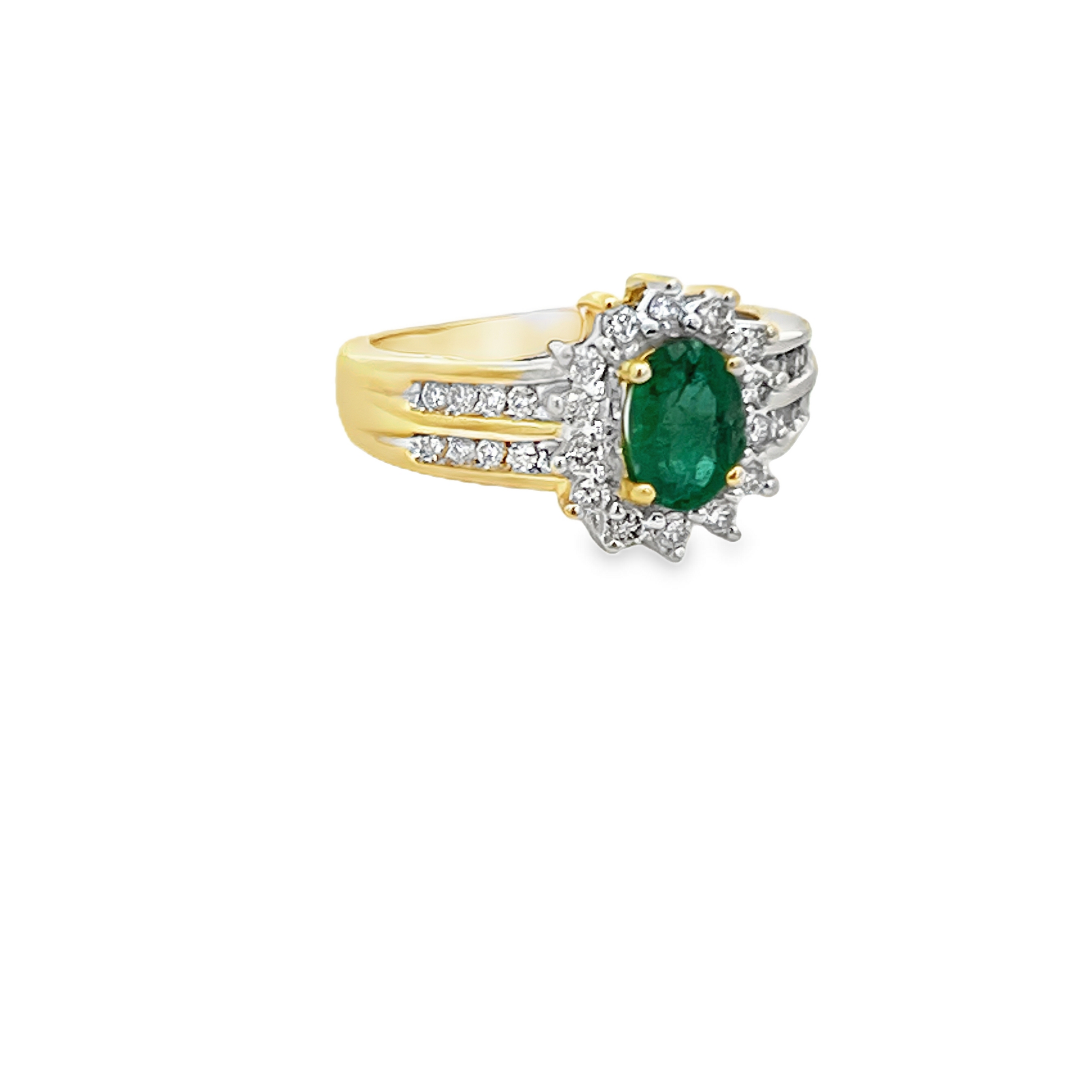 Estate 14K Yellow Gold Oval Emerald Ring with Diamond Halo & Accents
