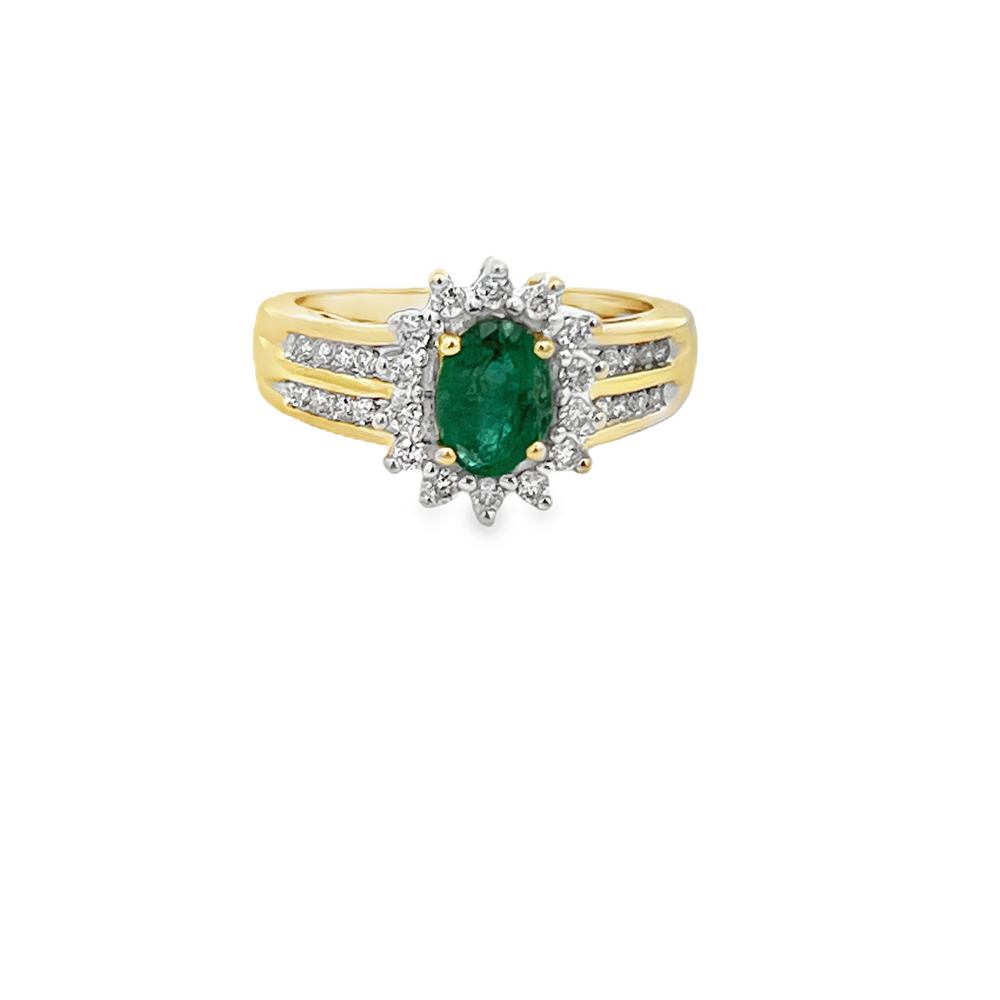 Estate 14K Yellow Gold Oval Emerald Ring with Diamond Halo & Accents