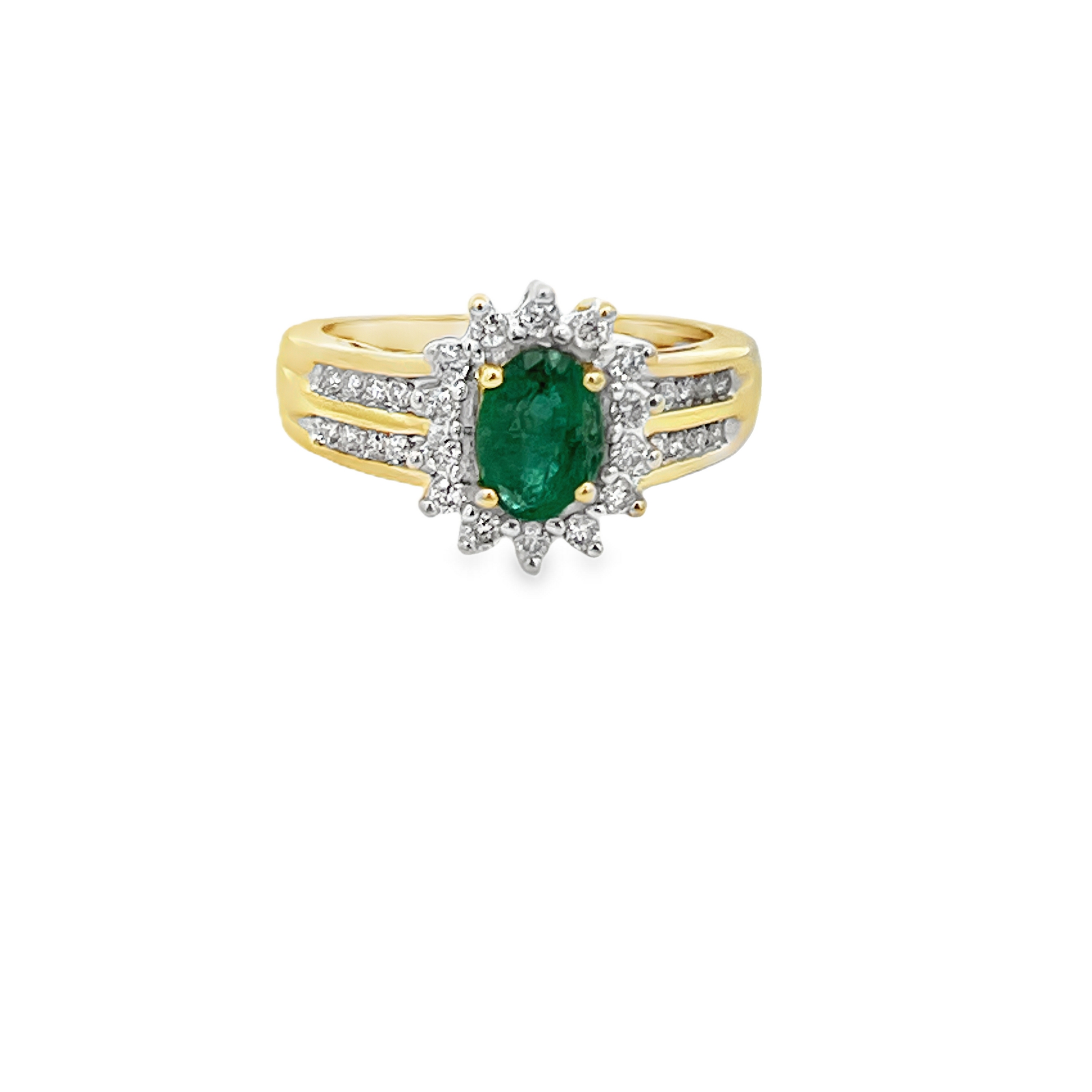 Estate 14K Yellow Gold Oval Emerald Ring with Diamond Halo & Accents