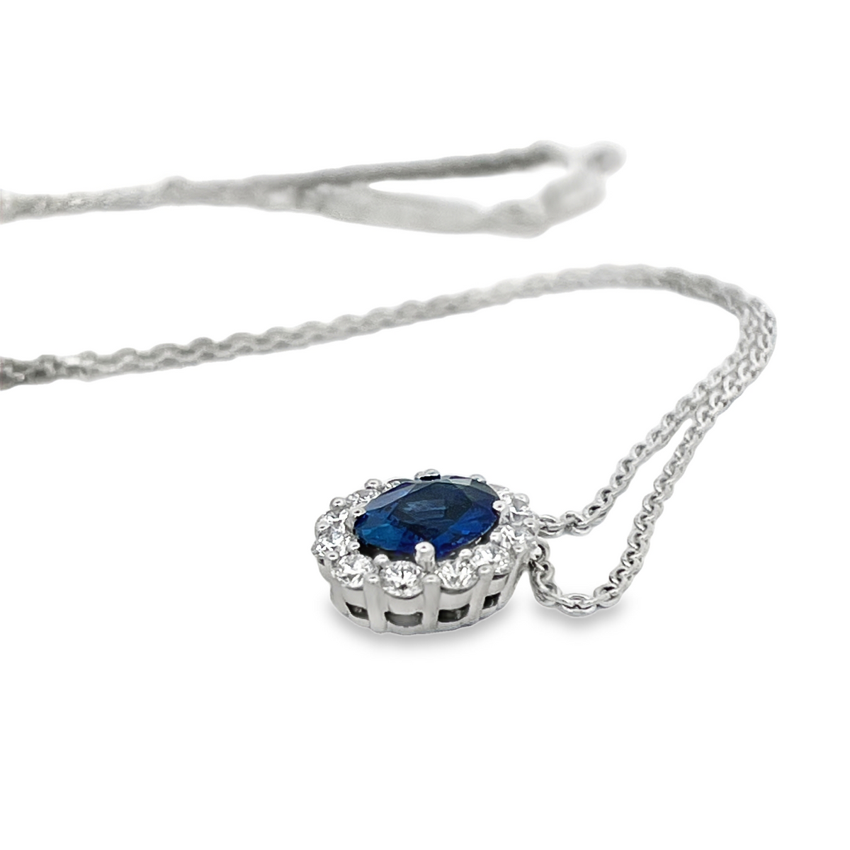Estate Garrard Platinum Blue Sapphire & Diamond Halo Pendant Necklace