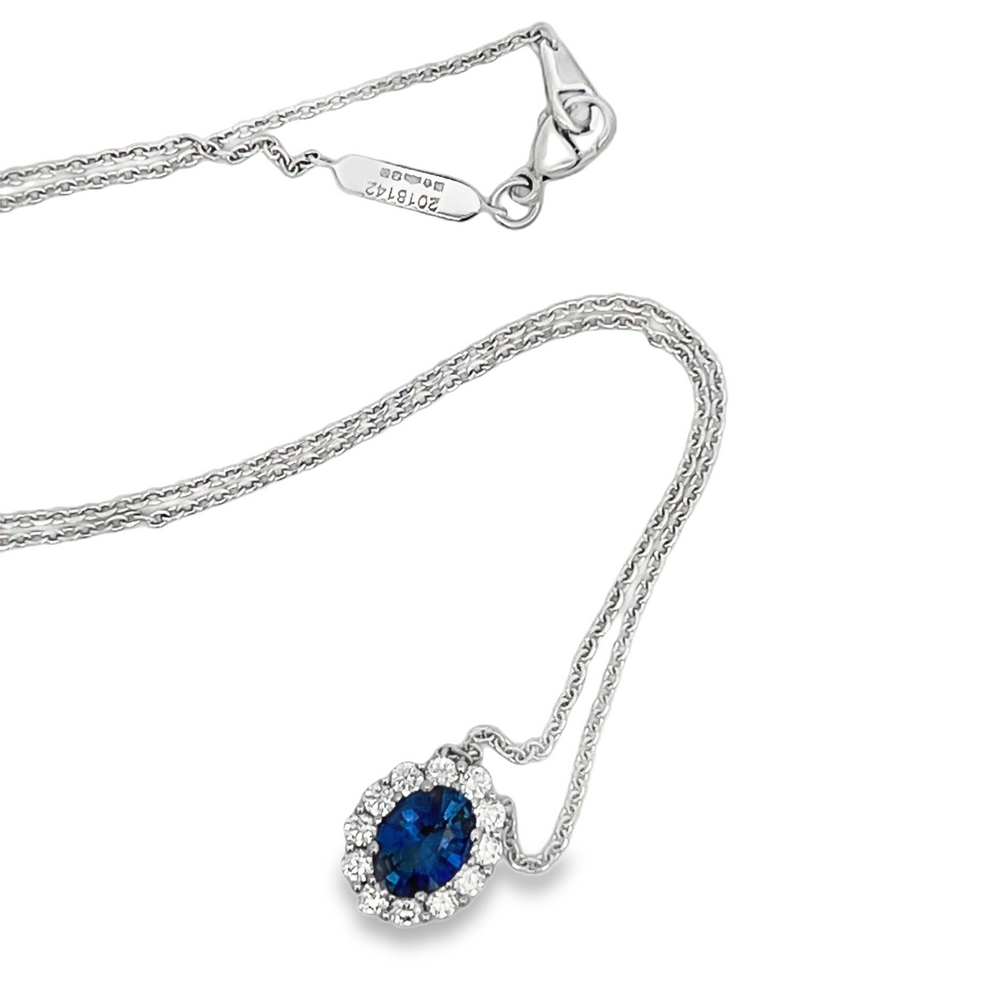 Estate Garrard Platinum Blue Sapphire & Diamond Halo Pendant Necklace