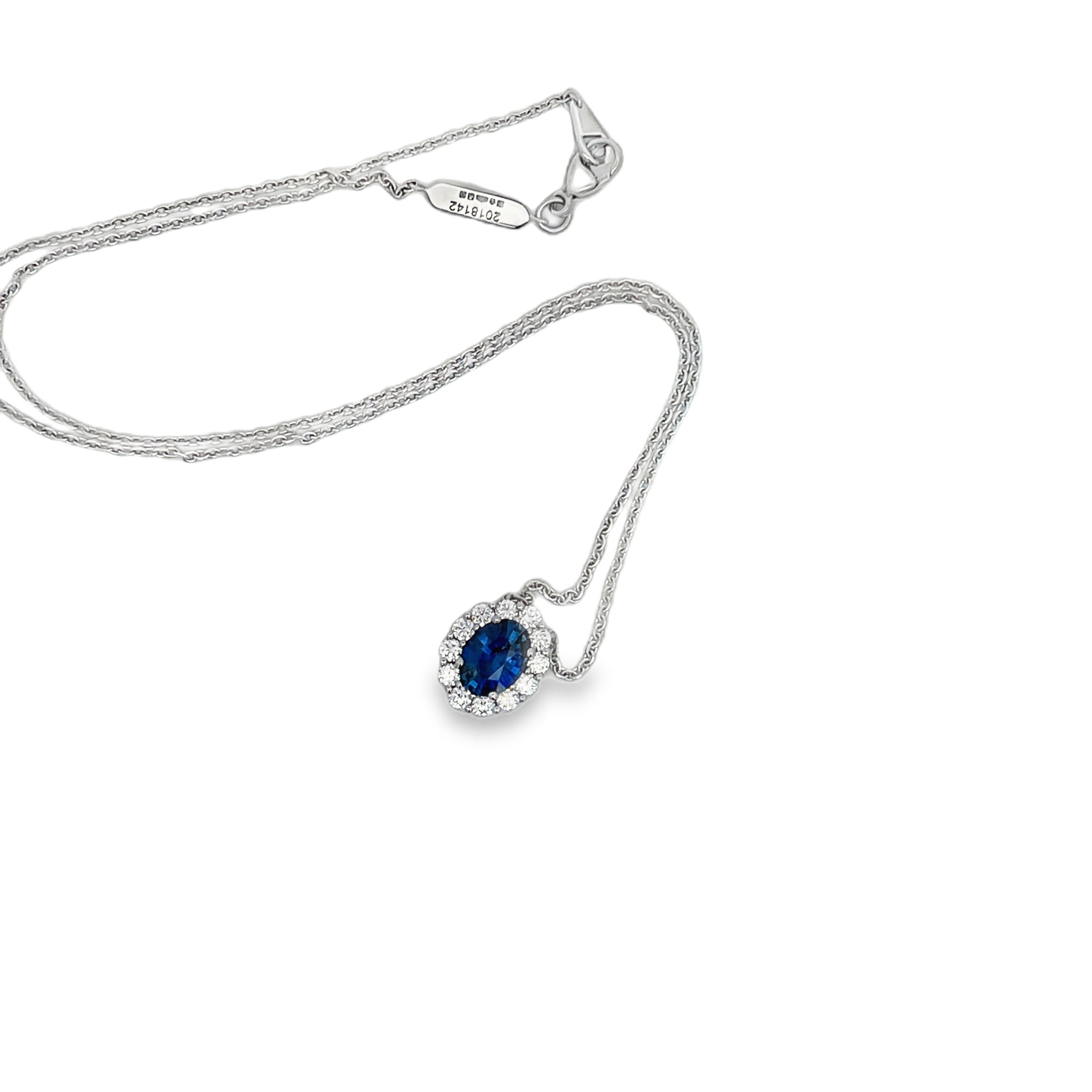 Estate Garrard Platinum Blue Sapphire & Diamond Halo Pendant Necklace