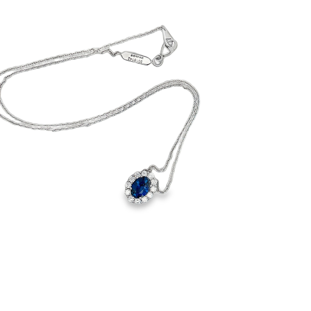 Estate Garrard Platinum Blue Sapphire & Diamond Halo Pendant Necklace