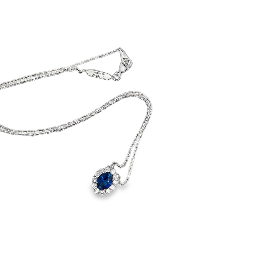 Estate Garrard Platinum Blue Sapphire & Diamond Halo Pendant Necklace