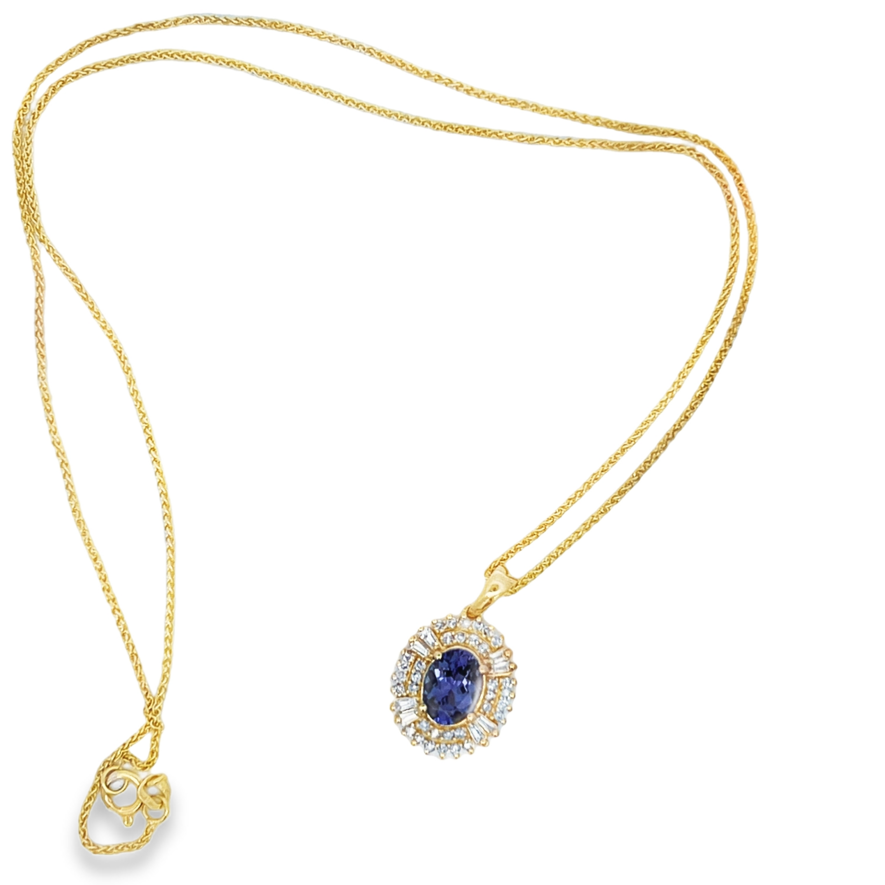 Estate 14K Yellow Gold Tanzanite & Double Diamond Halo Pendant Necklace