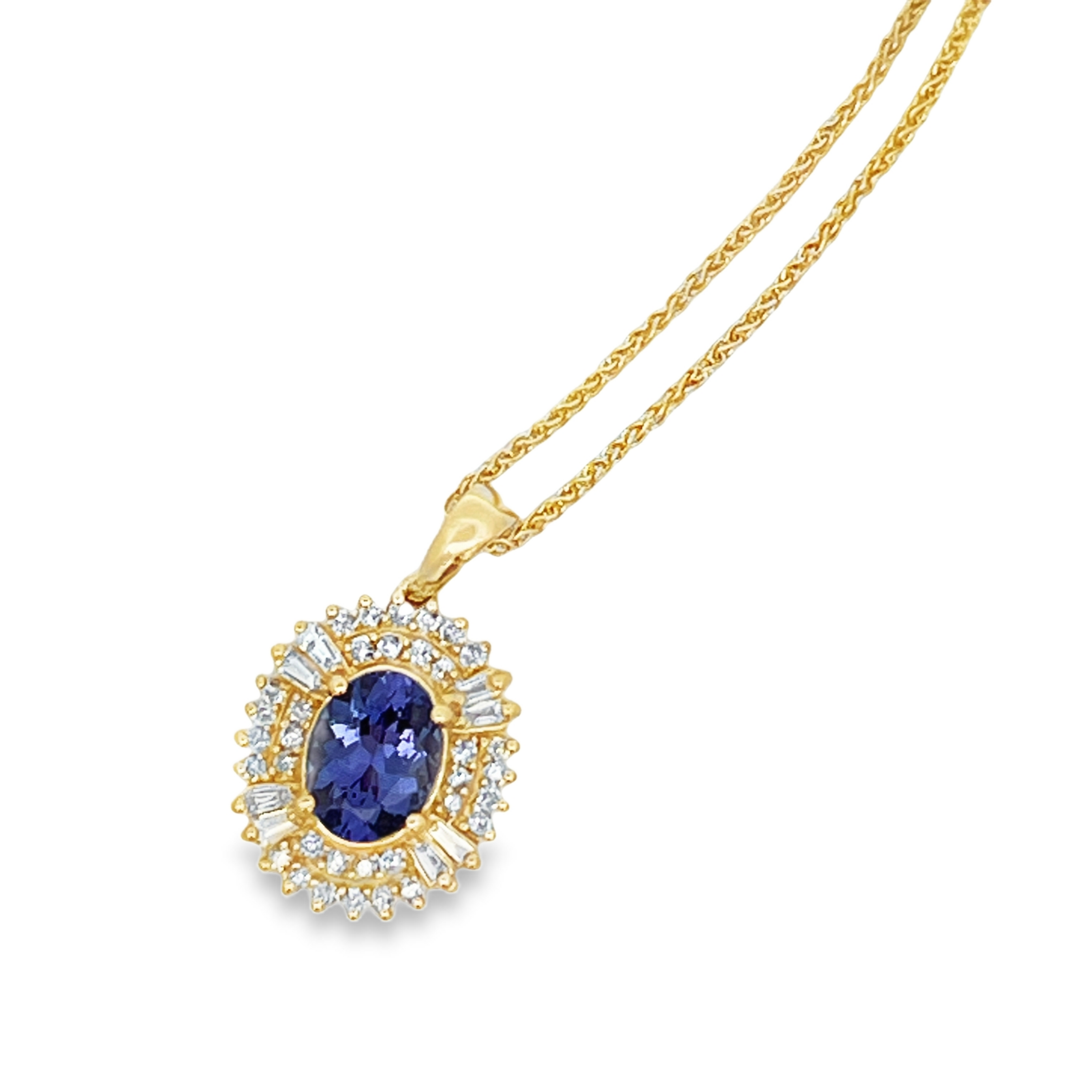 Estate 14K Yellow Gold Tanzanite & Double Diamond Halo Pendant Necklace