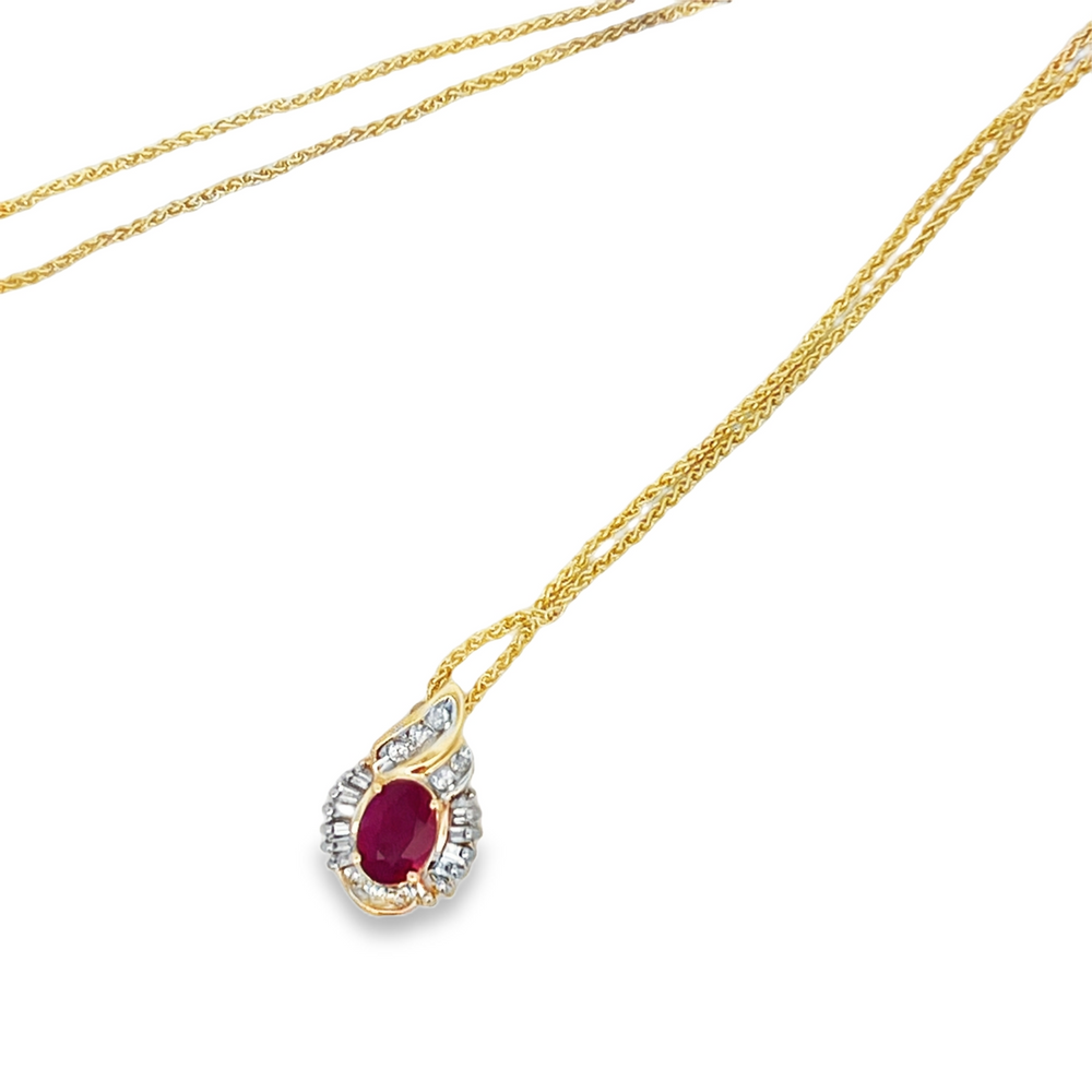 Estate 14K Yellow Gold Oval Ruby Teardrop Halo Pendant Necklace