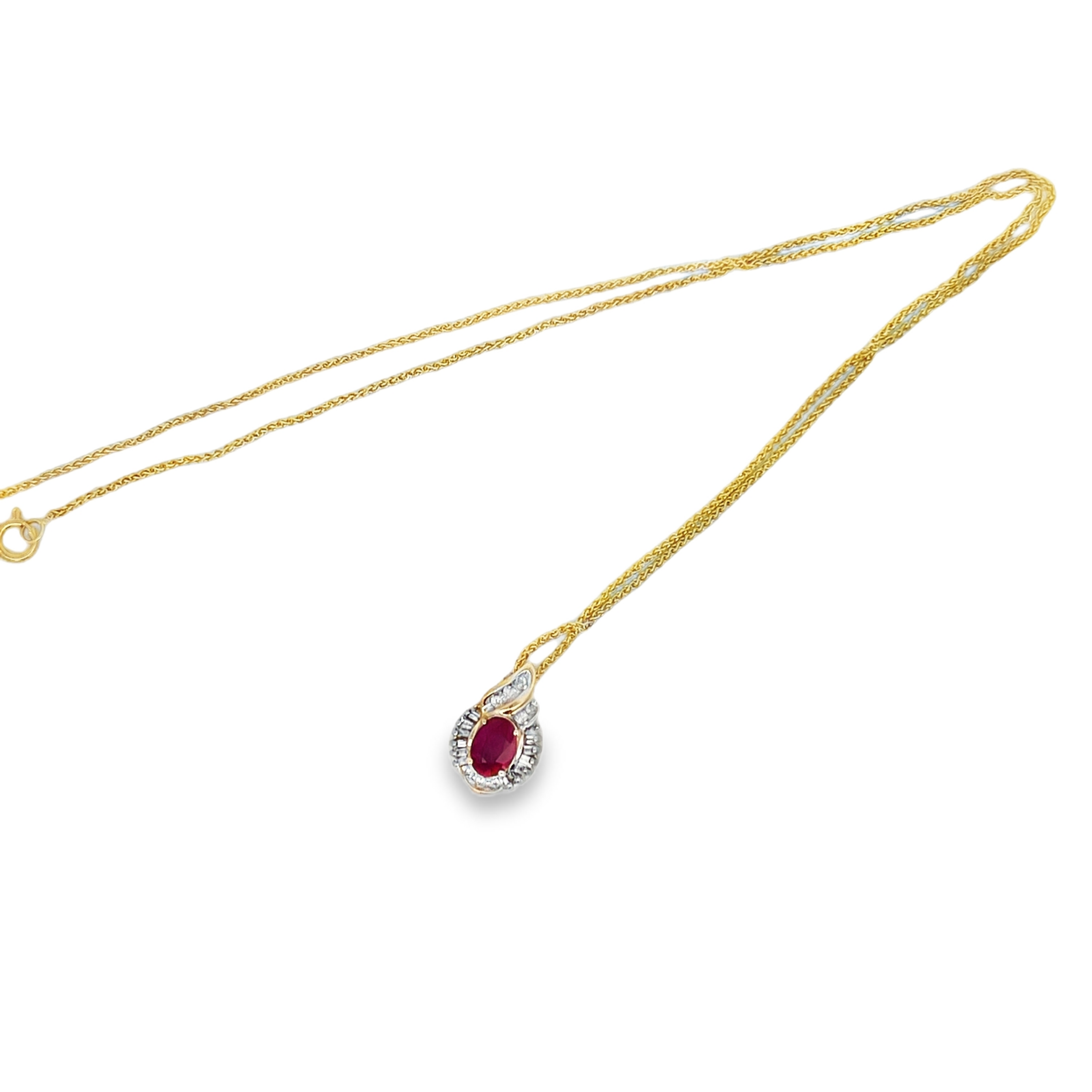 Estate 14K Yellow Gold Oval Ruby Teardrop Halo Pendant Necklace