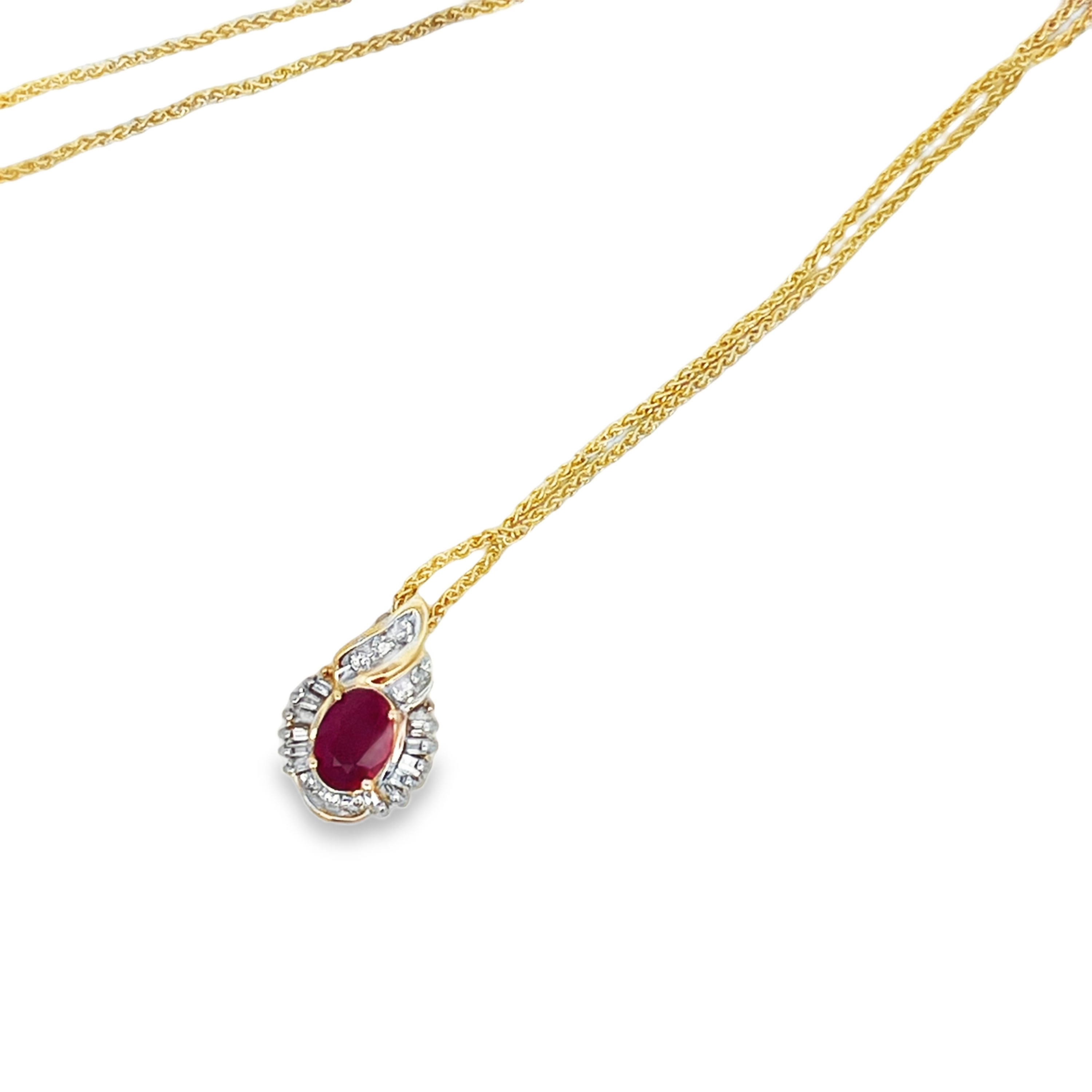 Estate 14K Yellow Gold Oval Ruby Teardrop Halo Pendant Necklace