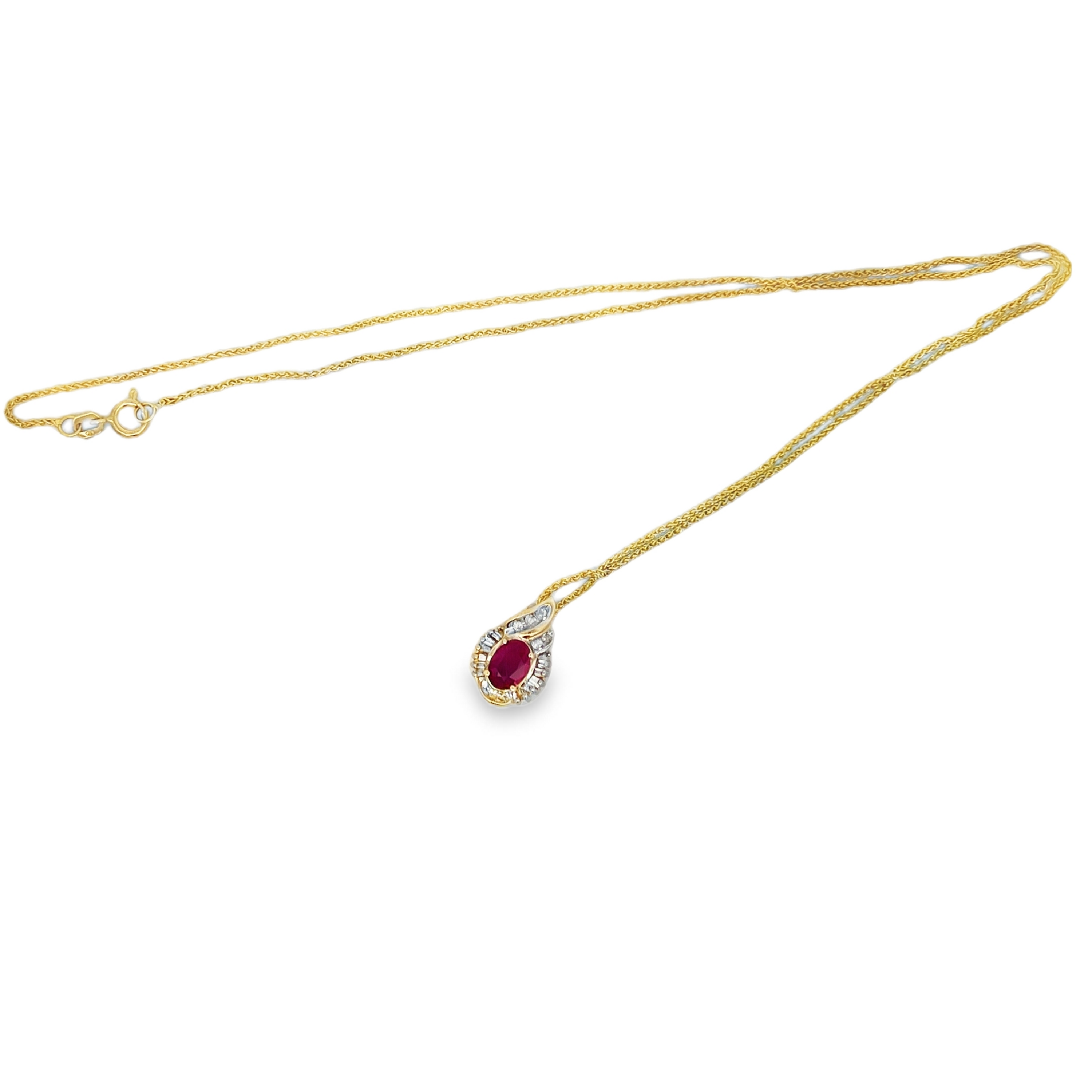 Estate 14K Yellow Gold Oval Ruby Teardrop Halo Pendant Necklace