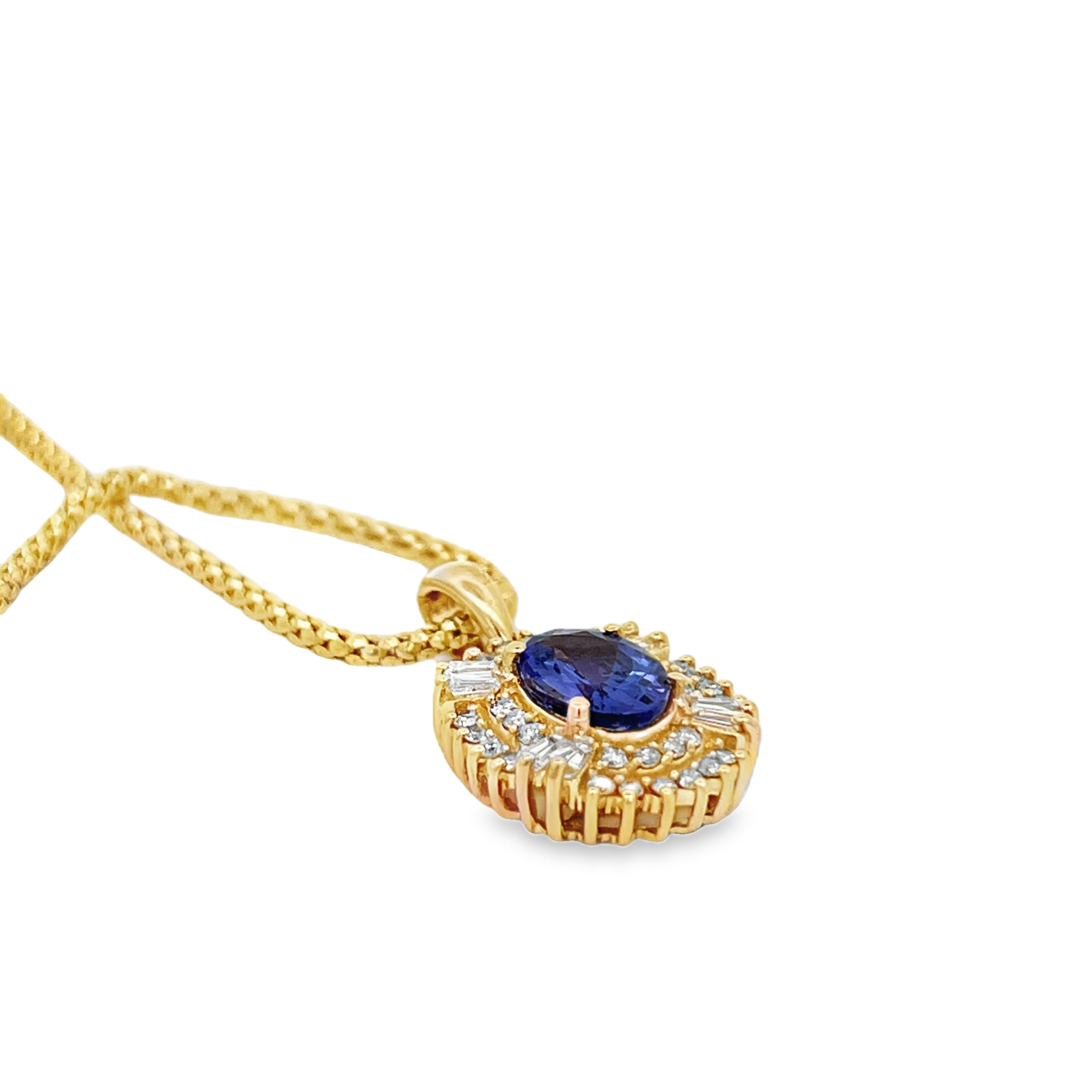Estate 14K Yellow Gold Tanzanite & Double Diamond Halo Pendant Necklace