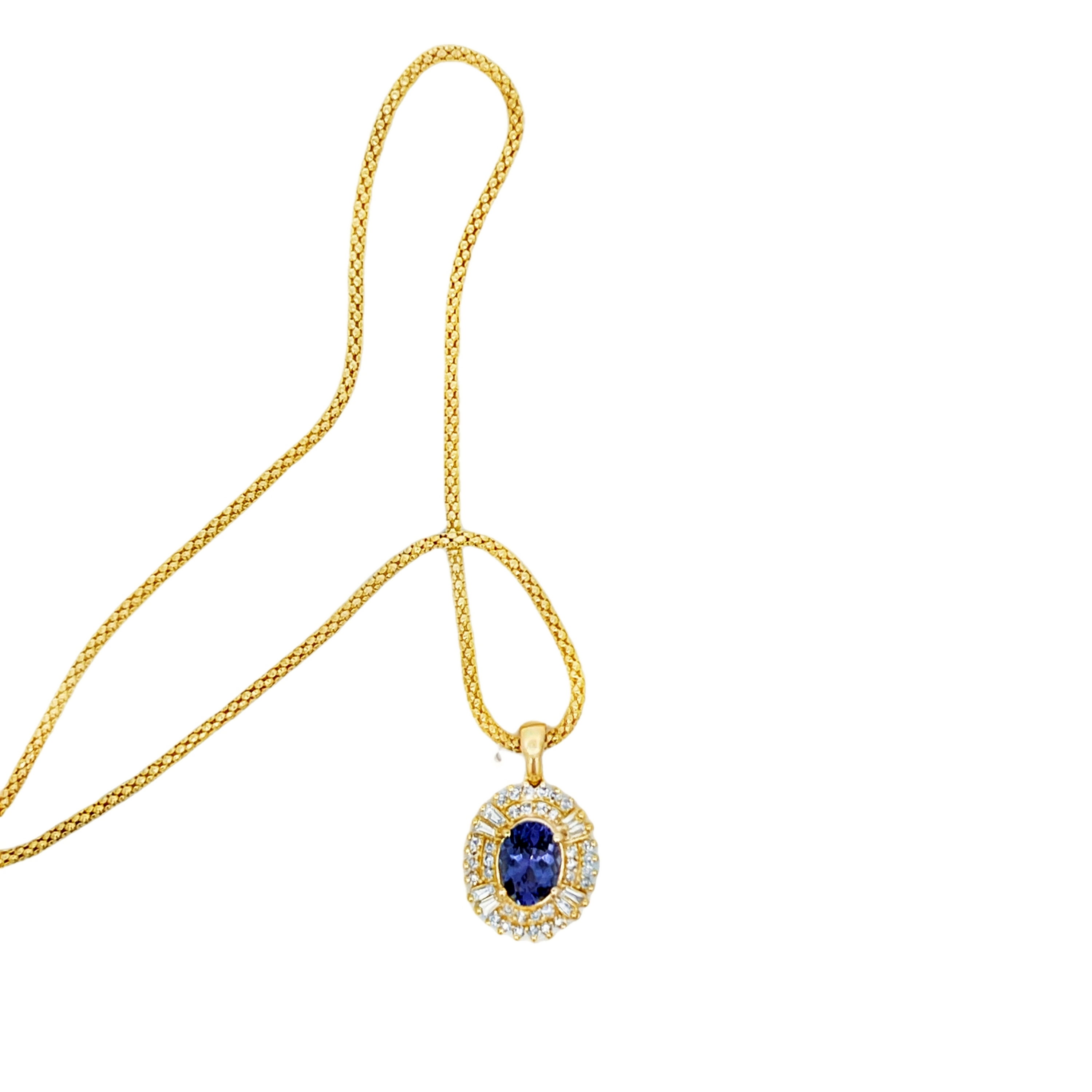 Estate 14K Yellow Gold Tanzanite & Double Diamond Halo Pendant Necklace