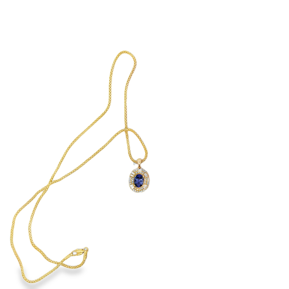 Estate 14K Yellow Gold Tanzanite & Double Diamond Halo Pendant Necklace