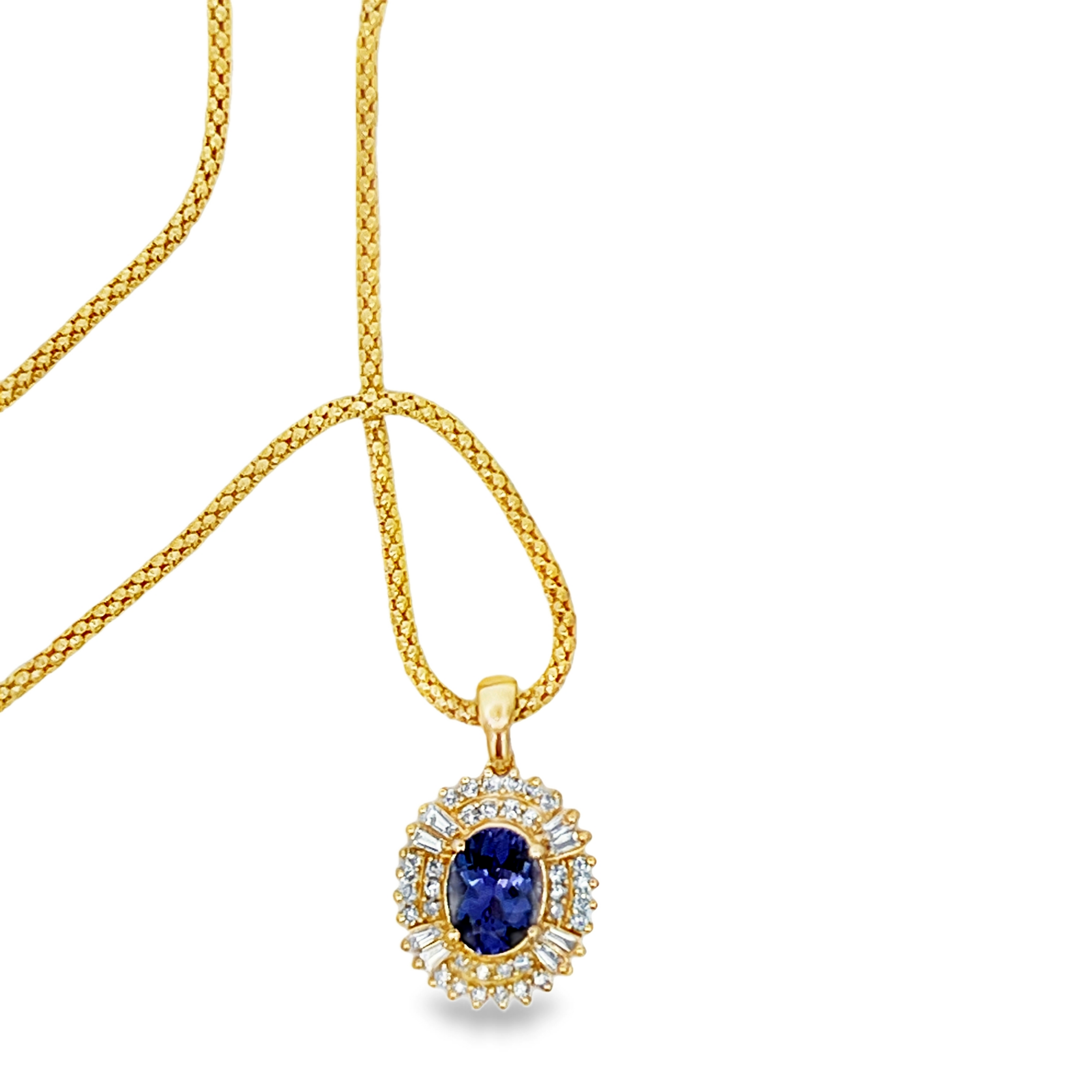 Estate 14K Yellow Gold Tanzanite & Double Diamond Halo Pendant Necklace