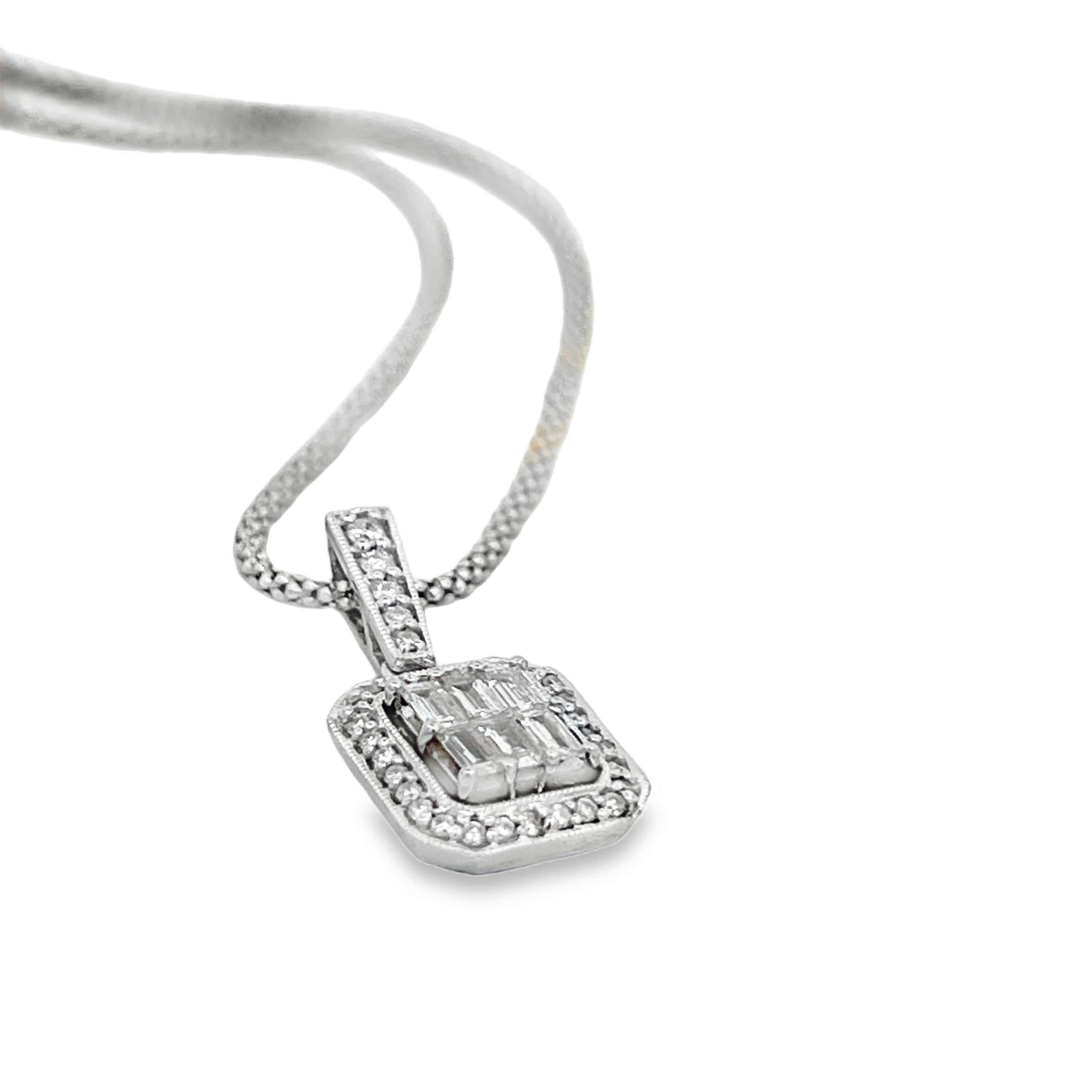 Estate 18K White Gold Baguette & Round Diamond Cluster Pendant Necklace