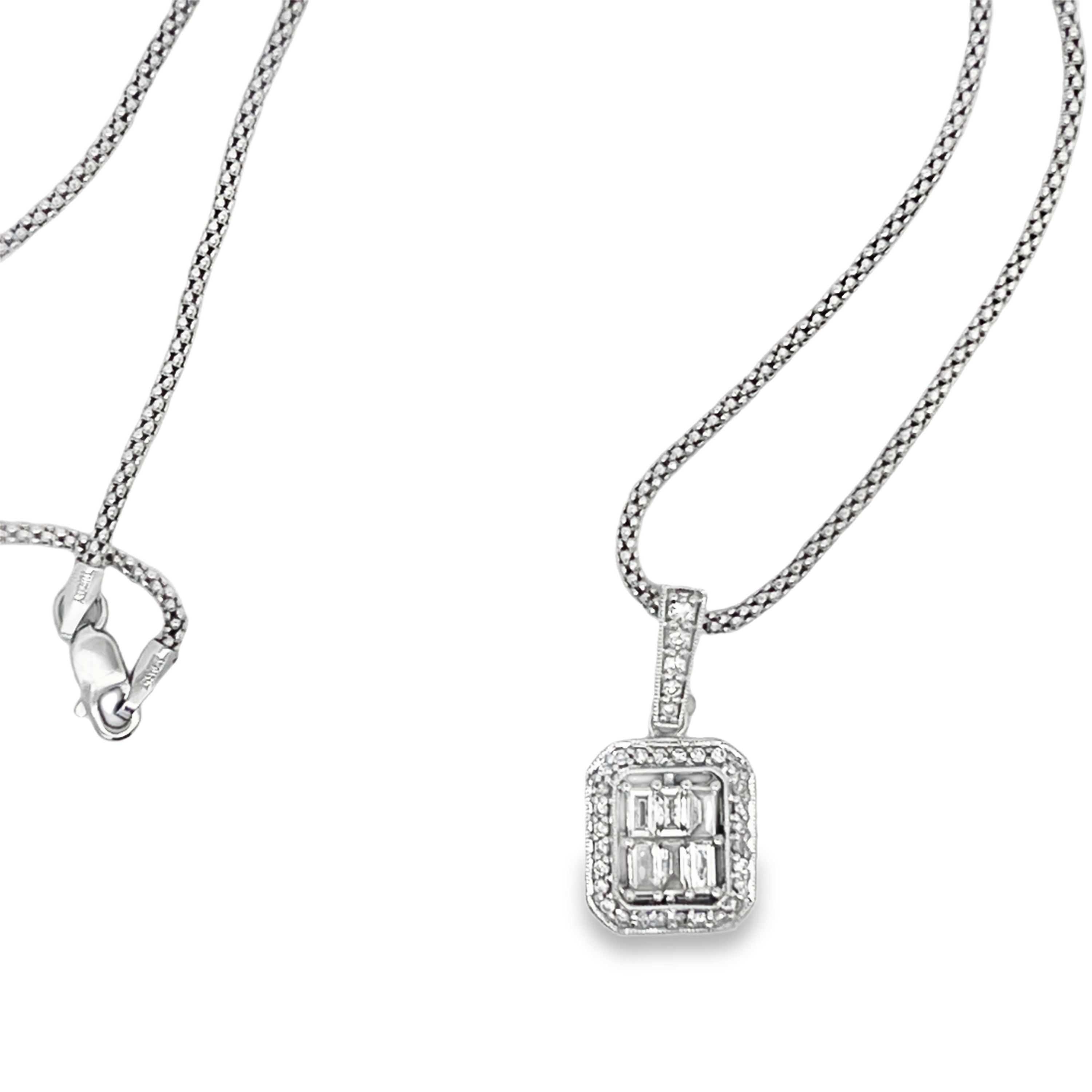 Estate 18K White Gold Baguette & Round Diamond Cluster Pendant Necklace