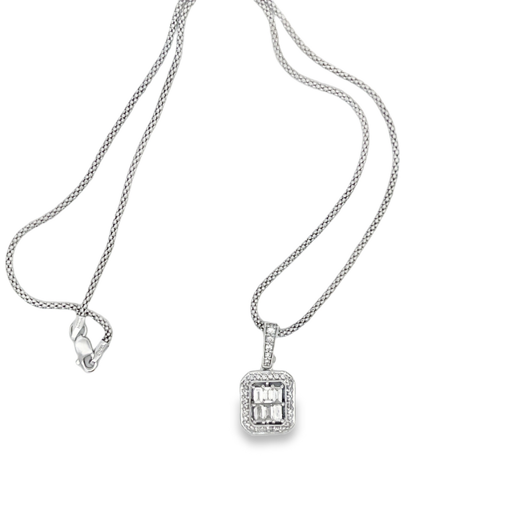 Estate 18K White Gold Baguette & Round Diamond Cluster Pendant Necklace